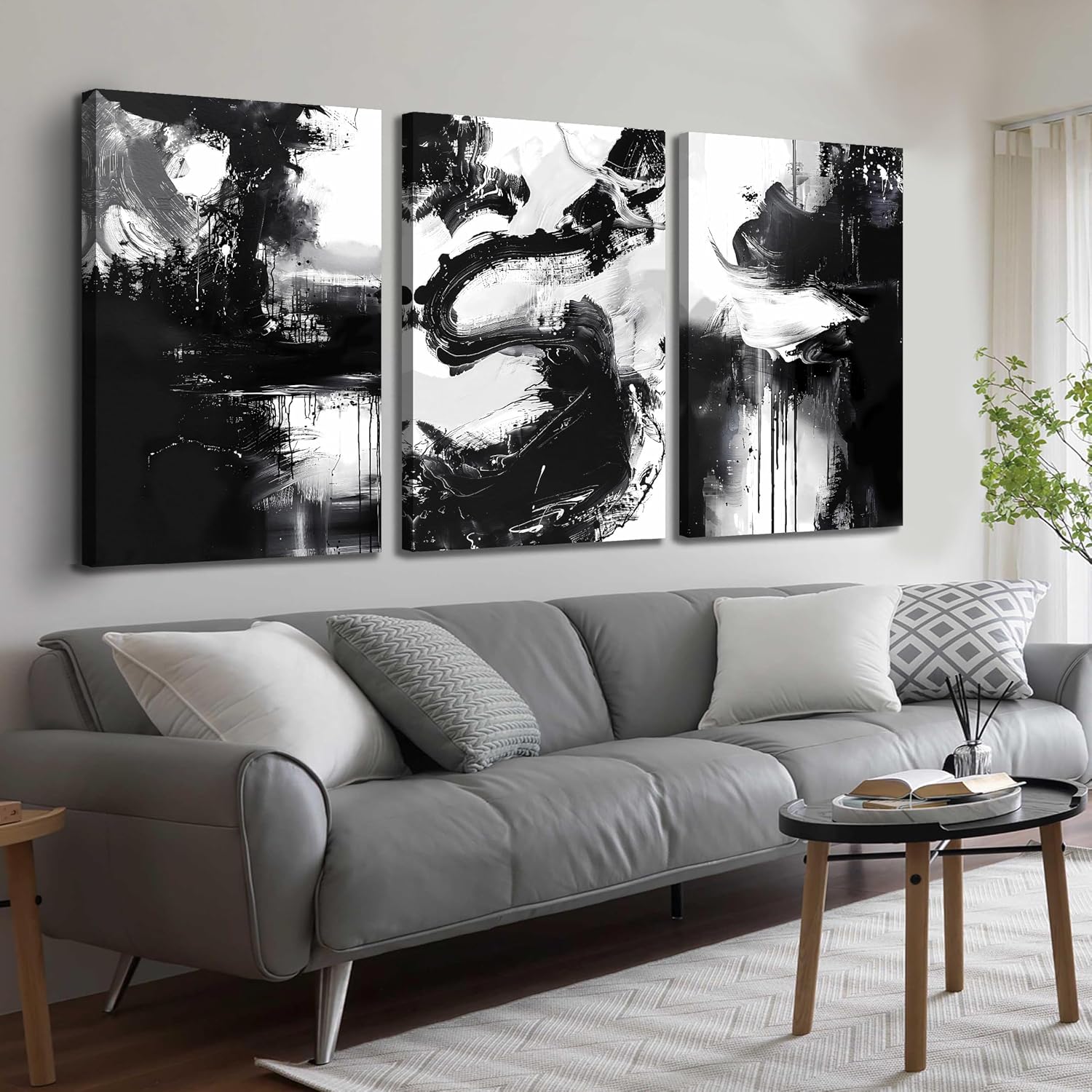 DNIEOTU Abstract Canvas Wall Art for Living Room, Black and White Wall-Decor for Bedroom, Modern Ink - Style Paintings for Hallway Office, Size 24 x 36 Inches 3-Piece