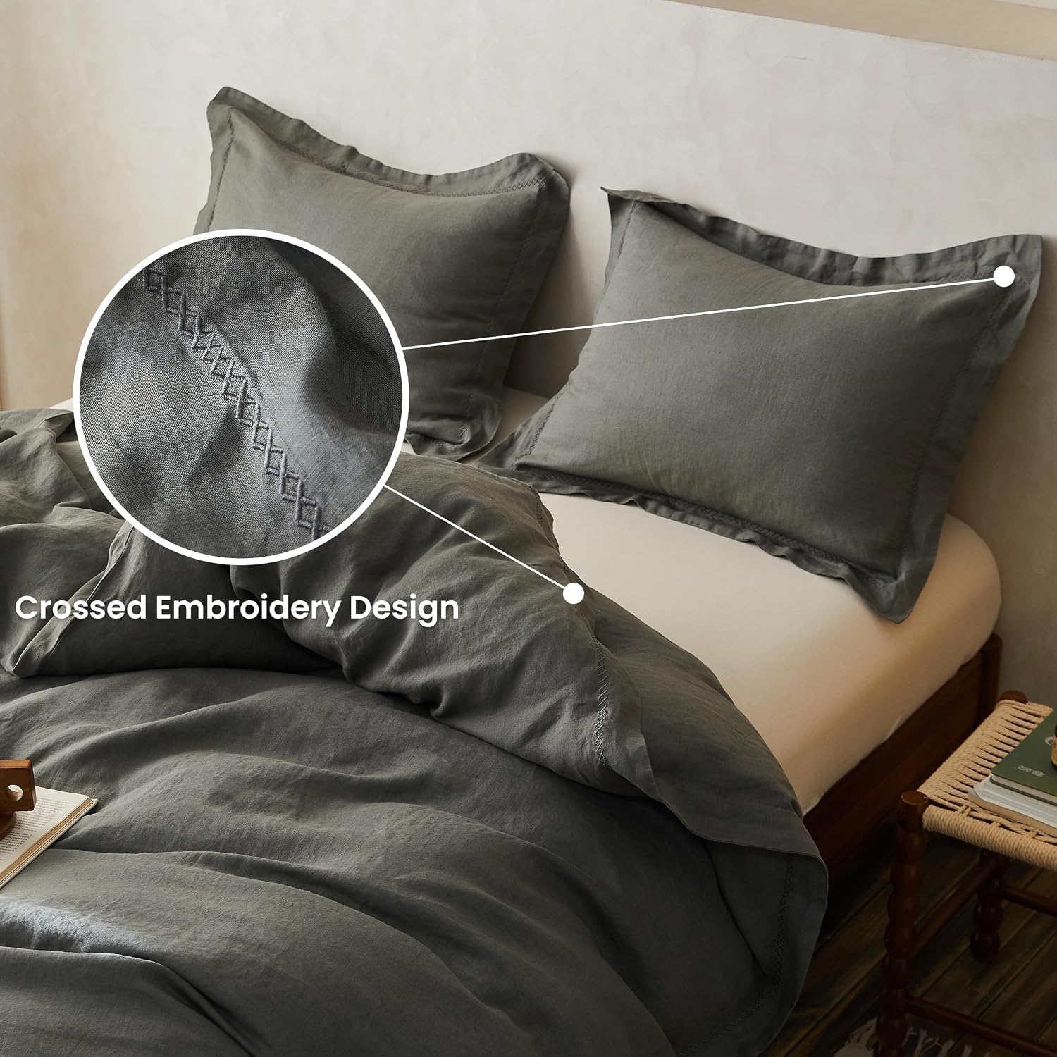 Simple&Opulence 100% Linen Duvet Cover Set with Crossed Embroidery Washed - 3 Pieces (1 Duvet Cover with 2 Pillow Shams) Soft Breathable Farmhouse - Cushing Green, Queen Size