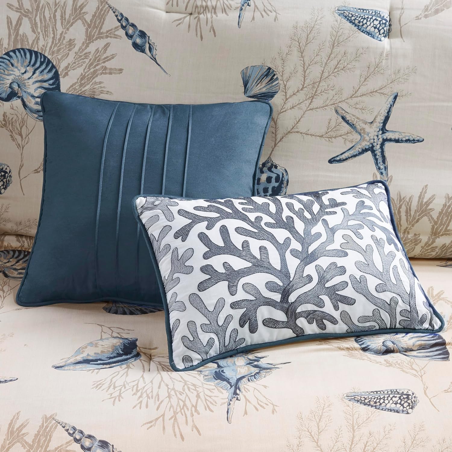Madison Park 100% Cotton Comforter Set - Coastal Coral, Starfish Design All Season Down Alternative Cozy Bedding with Matching Shams, Decorative Pillow, King(104'x92'), Taupe 7 Piece