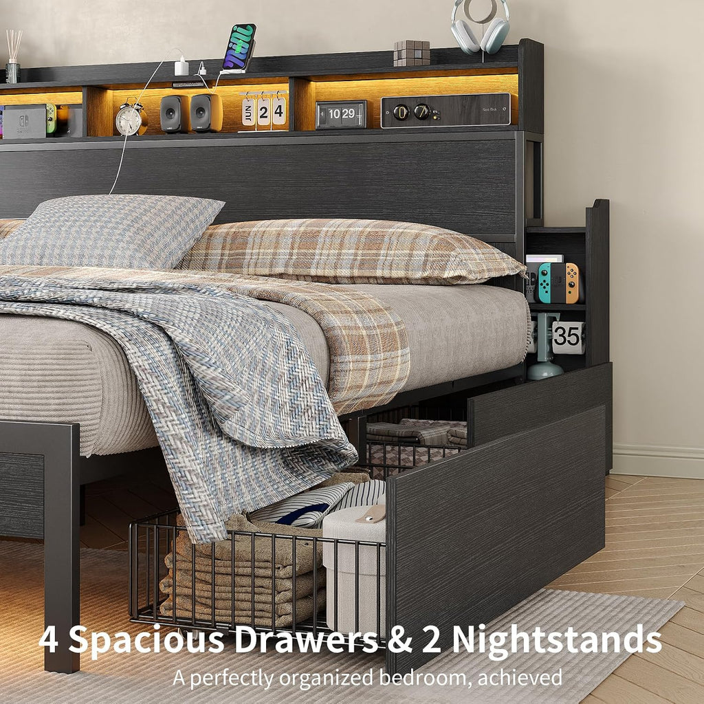King Size Bed Frame with 4 Storage Drawers & 2 Hidden Nightstands, Platform Bed with RGB LED Lights & USB Charging Station, No Box Spring Needed, Noise-Free, Black