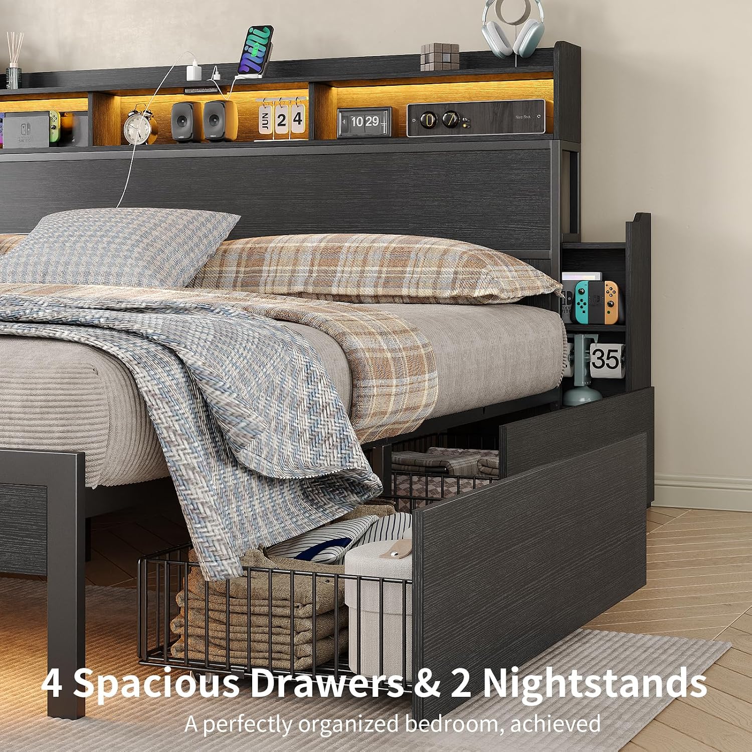 King Size Bed Frame with 4 Storage Drawers & 2 Hidden Nightstands, Platform Bed with RGB LED Lights & USB Charging Station, No Box Spring Needed, Noise-Free, Black