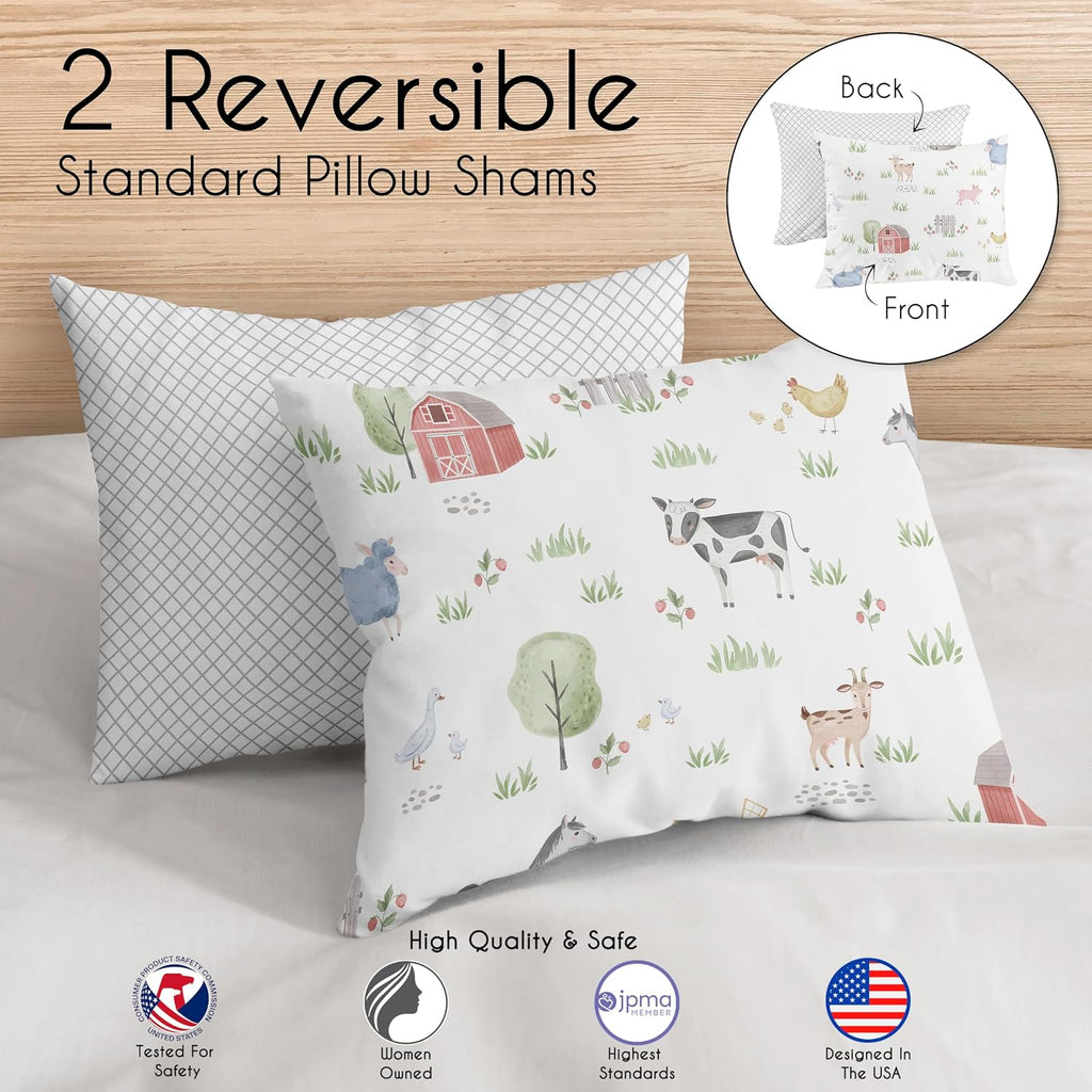 Sweet Jojo Designs Farm Animals Boy Girl Full/Queen Size Kid Childrens Bedding Comforter Set - 3 Pieces - Watercolor Farmhouse Lattice Horse Cow Sheep Pig