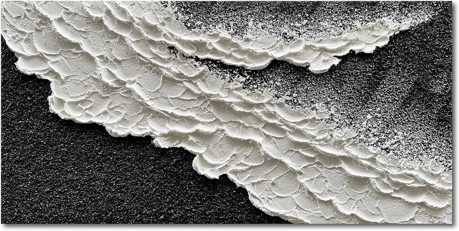 NANKAI 24x48 Inch Hand Painted 3D Ocean Wave Landscape Oil Painting Black and White Abstract Canvas Art Mural Family Wall Decoration Art