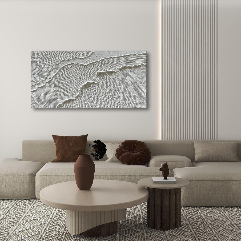NANKAI Art A thickly Textured White Abstract Oil Painting Depicting a Beach Wave Landscape. Artwork Suitable for Decorating The Interior Wall as a Decorative Piece 24x48 inches