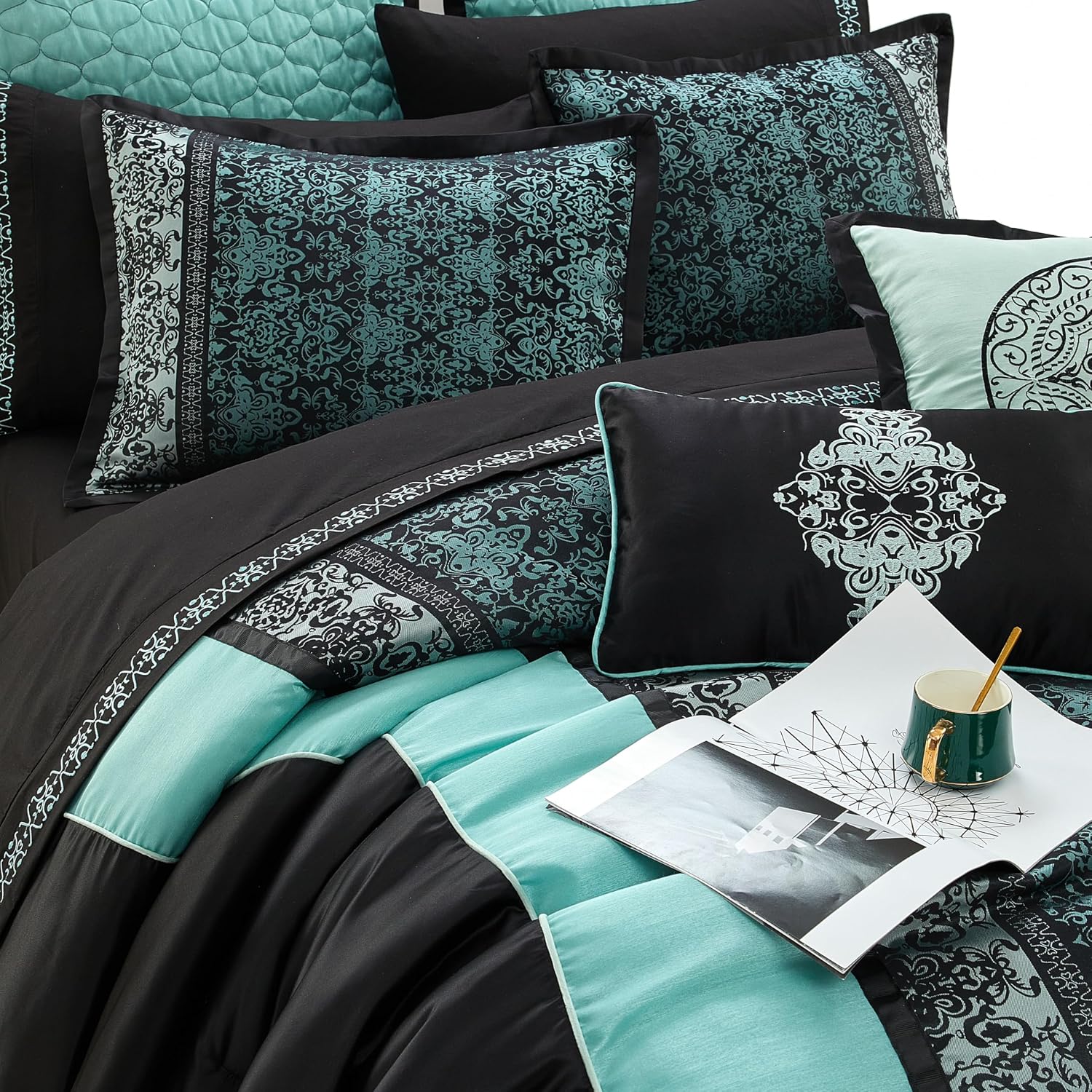 Stratford Park Black & Teal Comforter Set California King Size, Classic Jacquard Bedding Sets, Faux Silk, Premium Microfiber, 12 Pieces Bed in a Bag, Matching Fitted Sheet, Flat Sheet