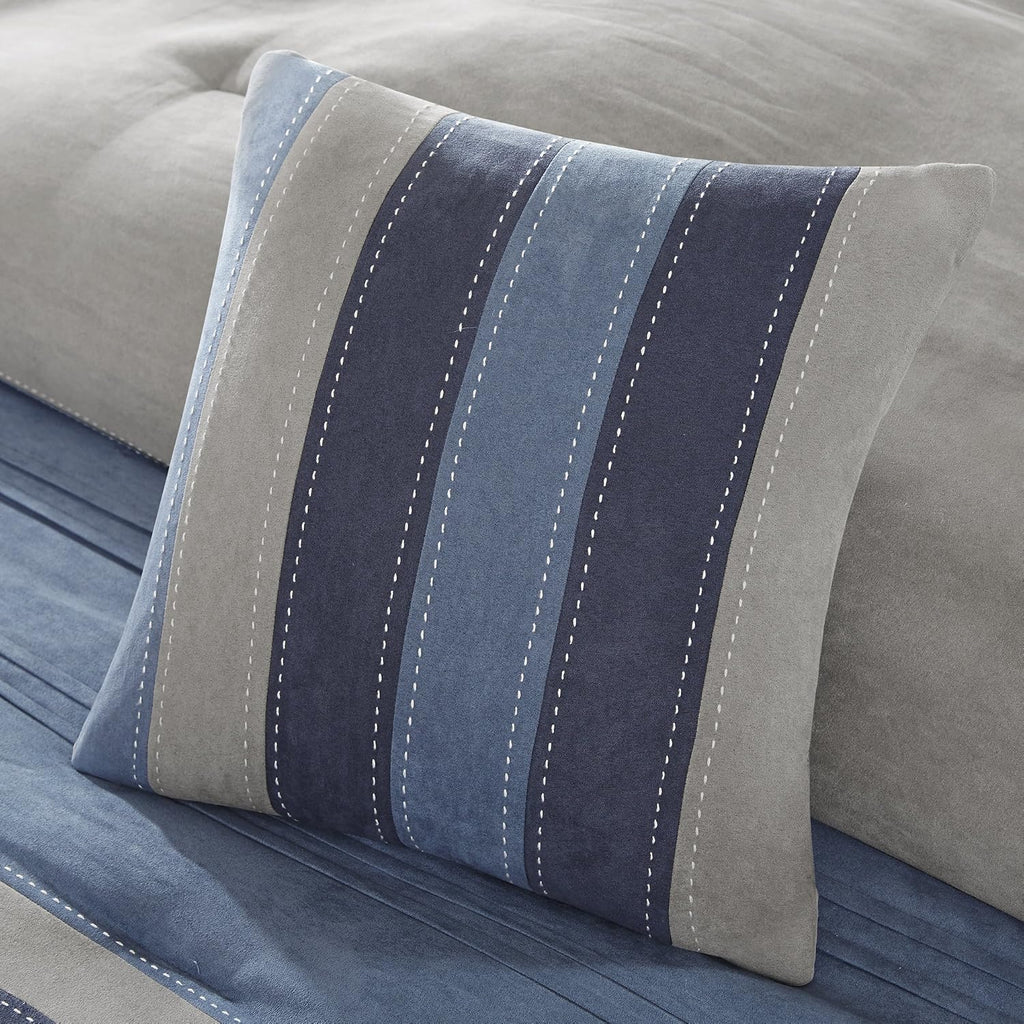 Madison Park Cozy Comforter Set Casual Modern Design - All Season Bedding, Matching Bed Skirt, Decorative Pillows, Collins, Suede Blue Grey King(104'x92') 7 Piece