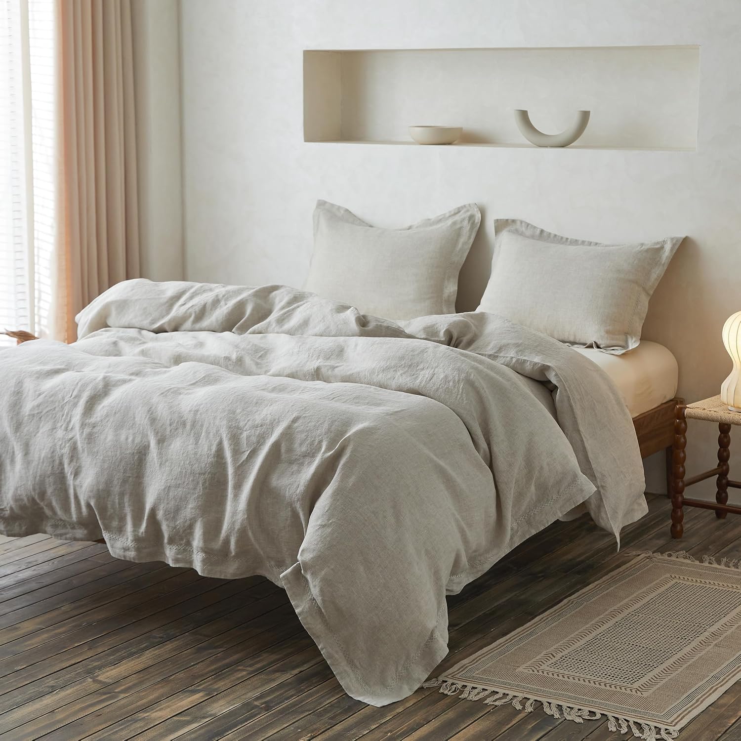 Simple&Opulence 100% Linen Duvet Cover Set with Crossed Embroidery Washed - 3 Pieces (1 Duvet Cover with 2 Pillow Shams) Soft Breathable Farmhouse - Linen, King Size