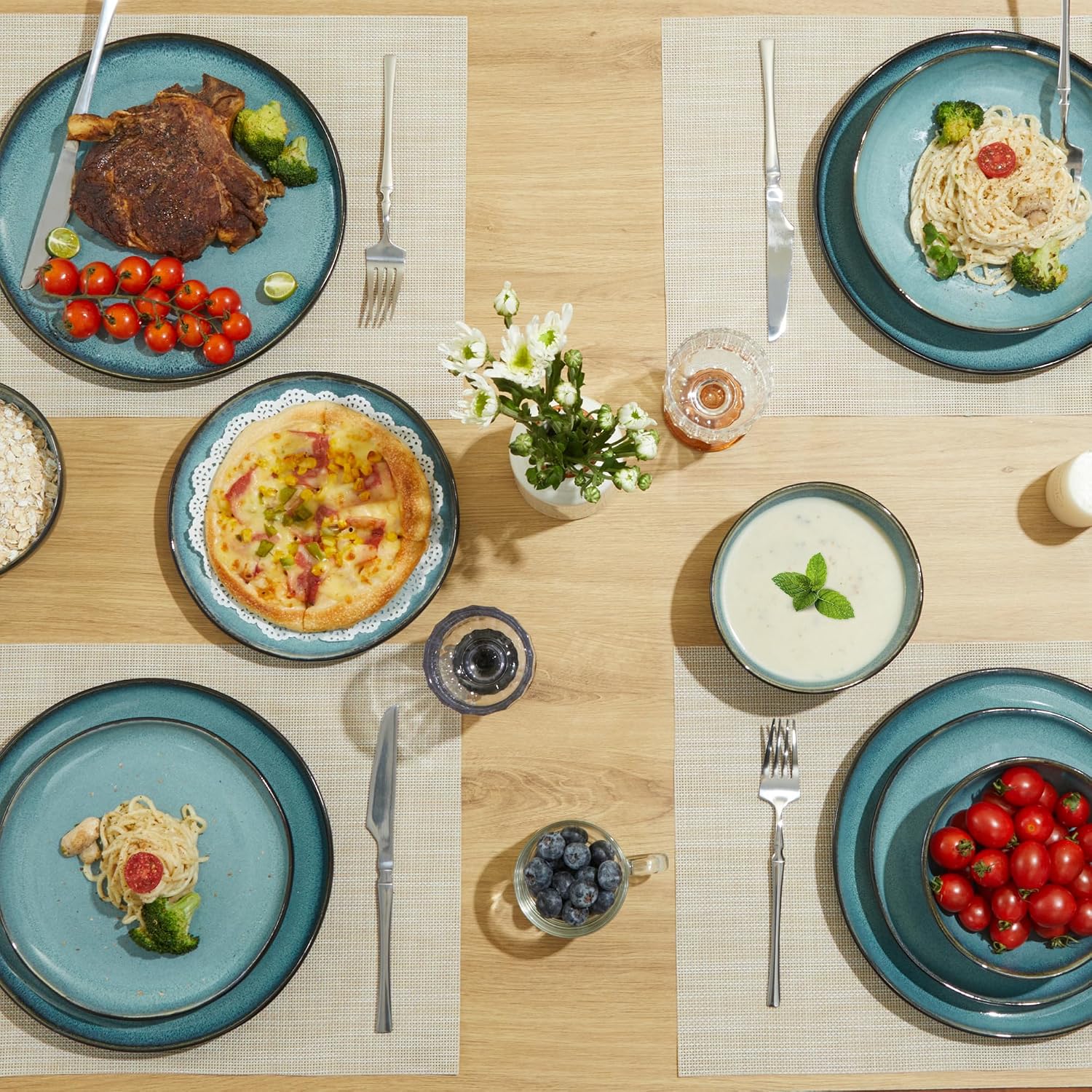 Pokini 18 Piece Dinnerware Sets for 6, Green Black Reactive Glaze Stoneware | Irregular Artisan Style for Family Dinners, Weekend Gatherings | Scratch‑Resistant, Microwave & Dishwasher Safe
