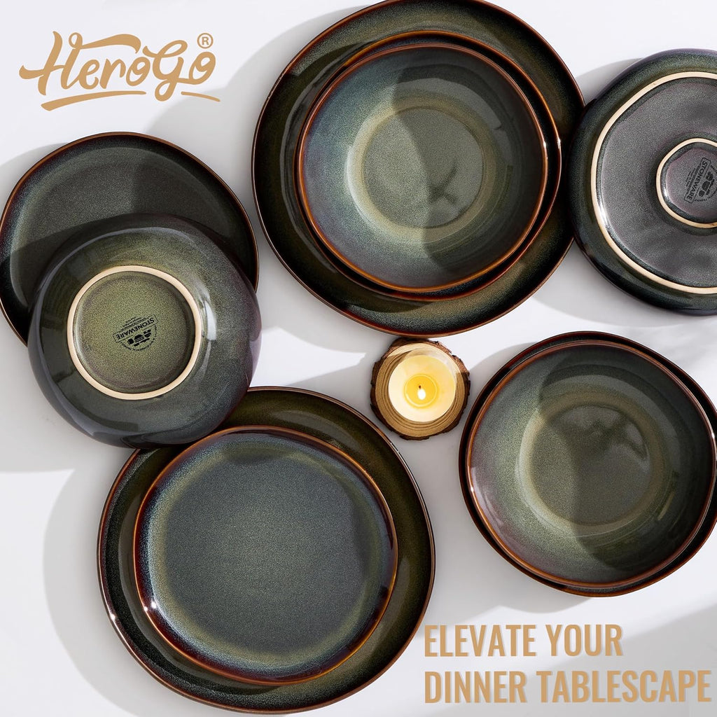Herogo Stoneware Dinnerware Sets for 8, 24 Piece Plates and Bowls Dish Set, Irregular Handmade Dinner Ware Dishware for Kitchen Dinning, Microwave & Dishwasher Safe, Lichen Green