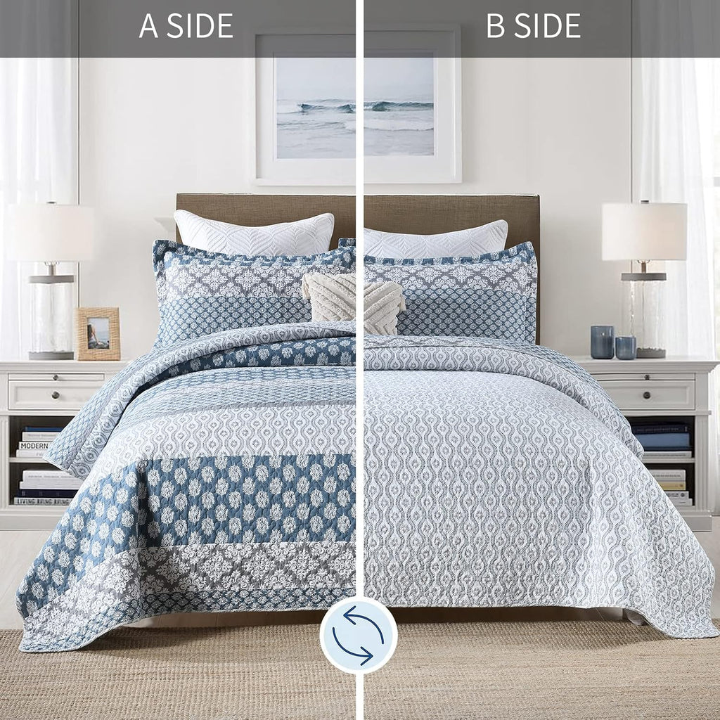 SahSahCasa Quilt King Size, King Quilt Set, 100% Cotton Floral Quilt, King Quilt Bedding Set Bedspreads, Patchwork Reversible Lightweight Comforter Bed Spread for All Season, Blue/Gray, 3 Pieces
