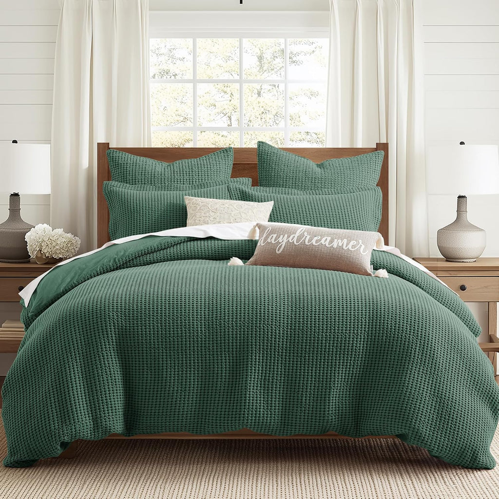 Levtex Home Mills Waffle King Duvet Cover Set (106x94in) with 2 Pillow Shams (36x20in) - Forest Green - Cotton King Size Duvet Cover Set - Soft, Pre-Washed