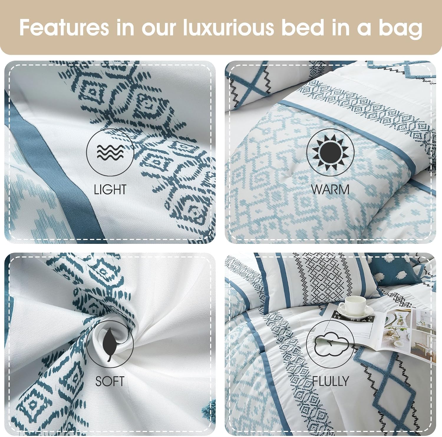 Grand Avenue Blue Comforter Set King Size, 7 Piece Terry Embroidery All Season Bedding Set, Bedskirt, Pillows & Shams