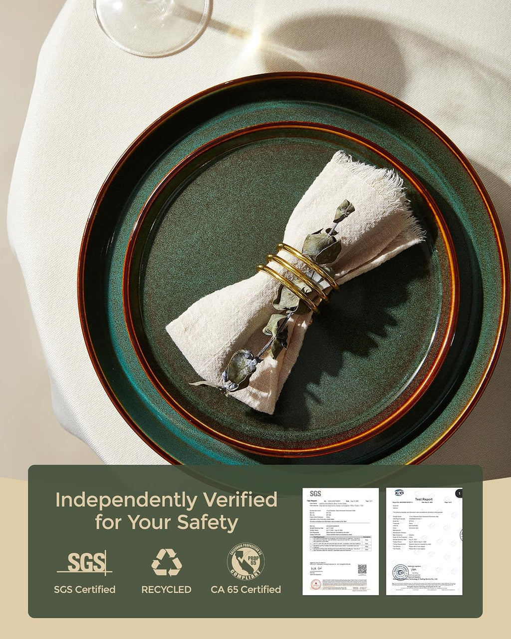 Pokini Plates and Bowls Sets for 8, Ceramic Dinnerware Sets, Kitchen Dish Set, Microwave & Dishwasher Safe Dishware, Highly Durable Handcrafted Dinner Set, Brown Green