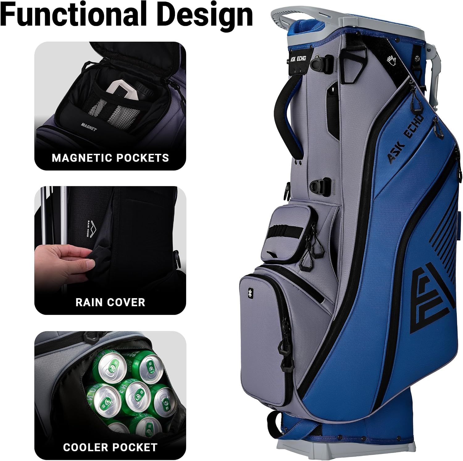 ASK ECHO Golf ST-14 Hybrid Stand Bag with 14 Way Full Length Dividers & Quick Putter Clip
