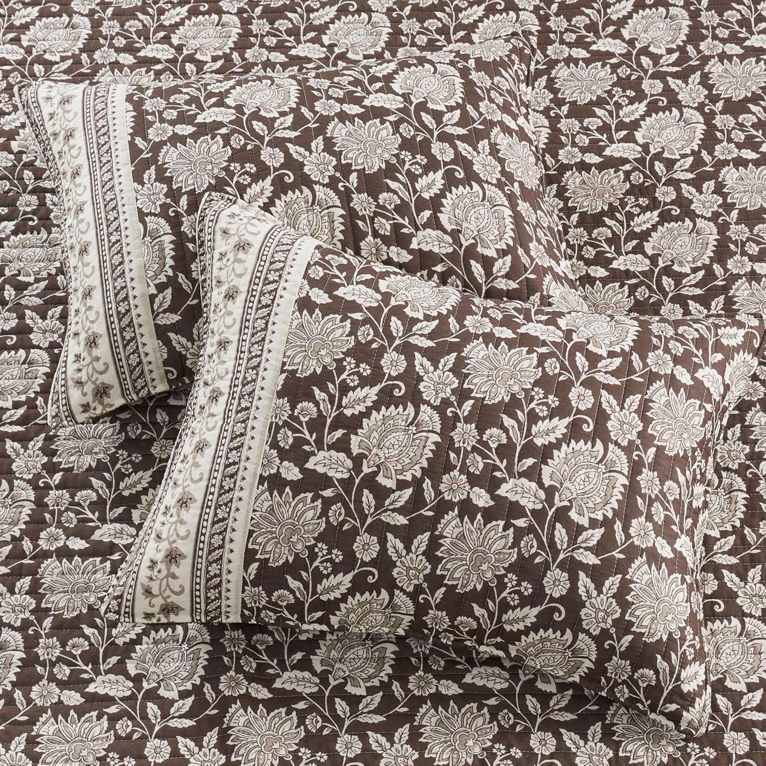 Levtex Home Adare Cocoa Reversible Full/Queen Quilt Set (88x92in) and 2 Pillow Shams (26x20in) - Floral Bedding - Brown Cream - Cotton Full/Queen Size Quilt Bedding Set - Lightweight, Soft, Pre-Washed