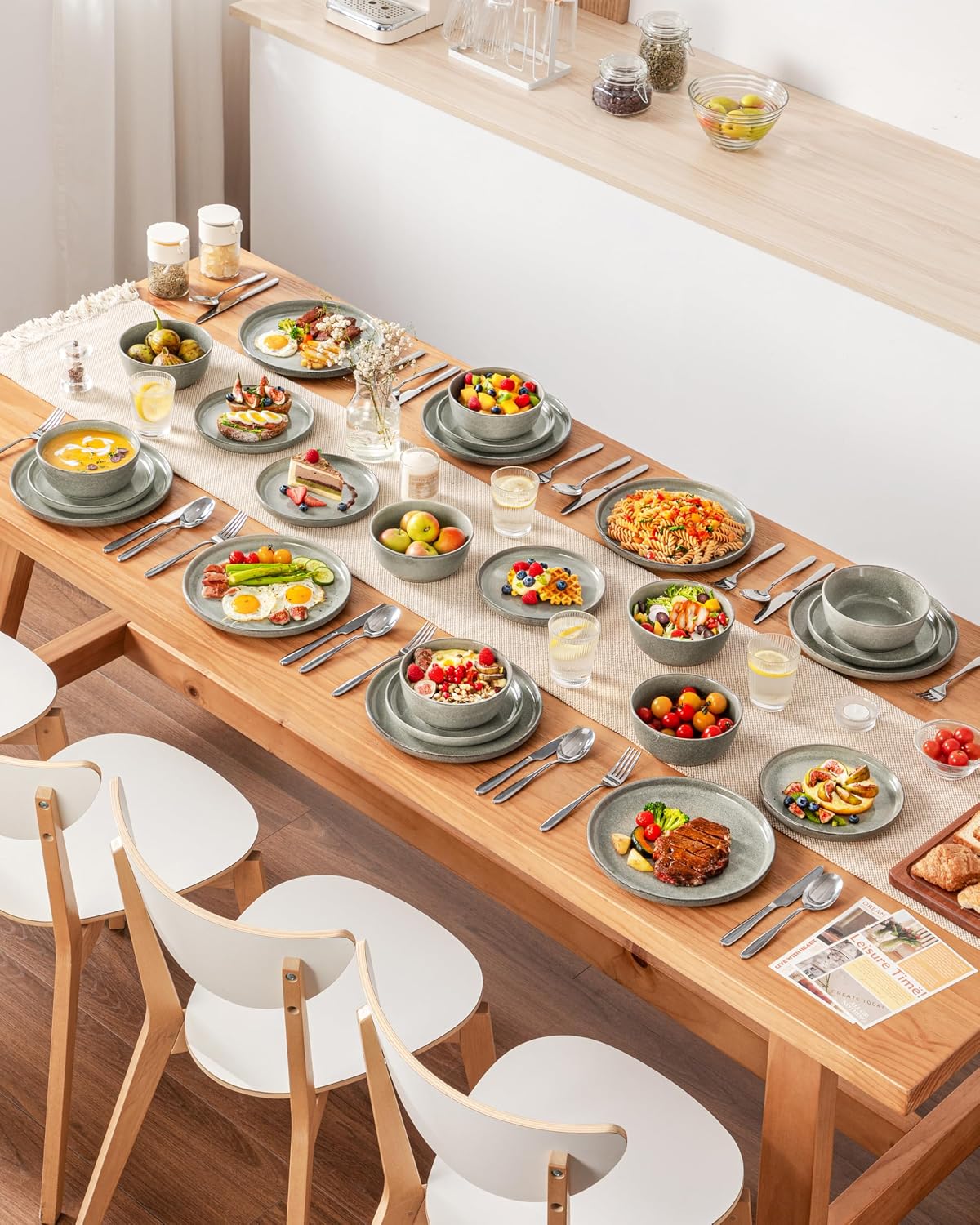 vancasso ANYA 24 Pieces Plates and Bowls Set, Stone Grey Dinnerware Sets, Reactive Glaze Dishes Set for 8, Ceramic Dishware Sets Kitchen Dinner Set, Microwave & Dishwasher Safe