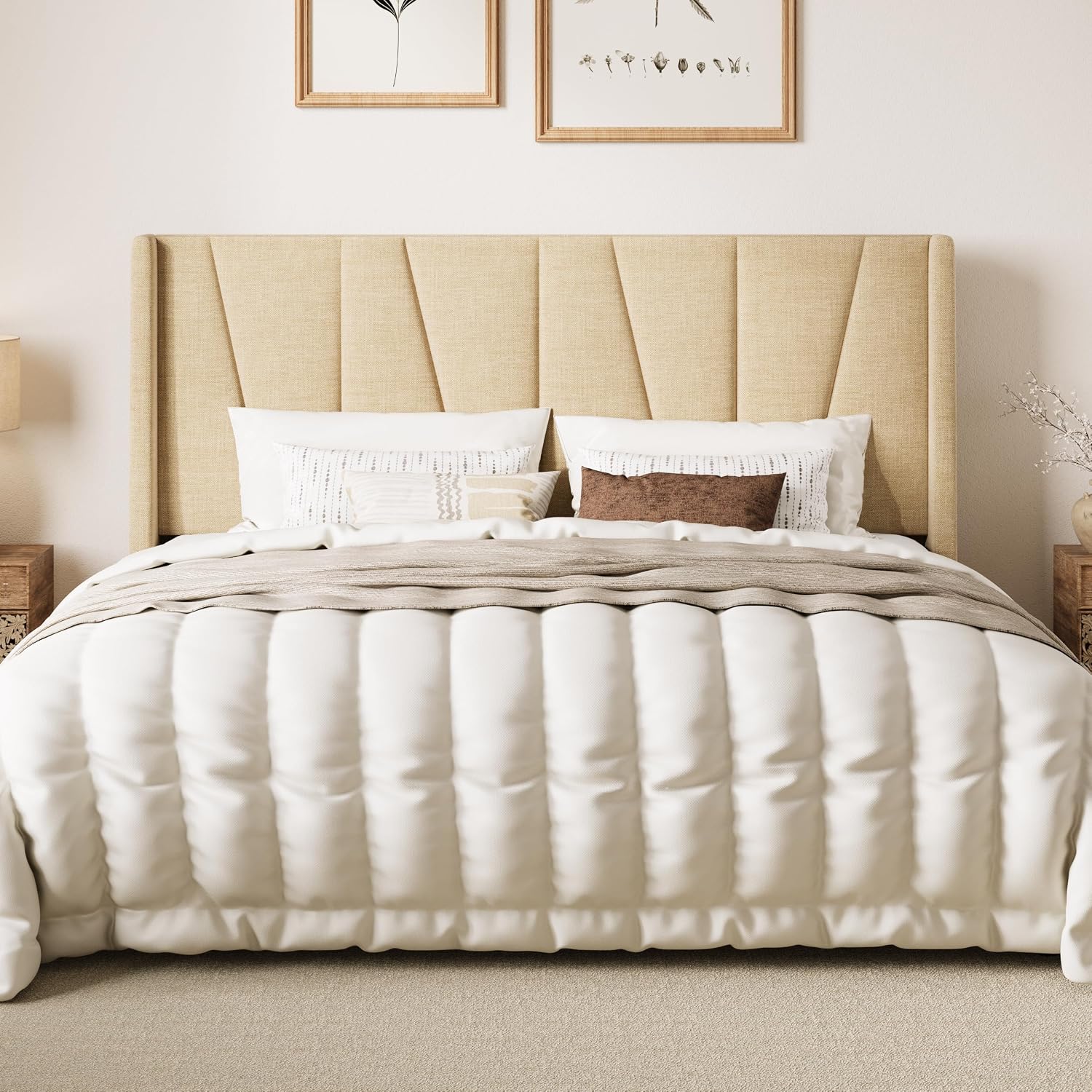 SHA CERLIN King Size Bed Frame with Geometric Wingback Headboard, Upholstered Platform Bed with 8' Under-Bed Space, No Box Spring Needed, Easy Assembly, Beige