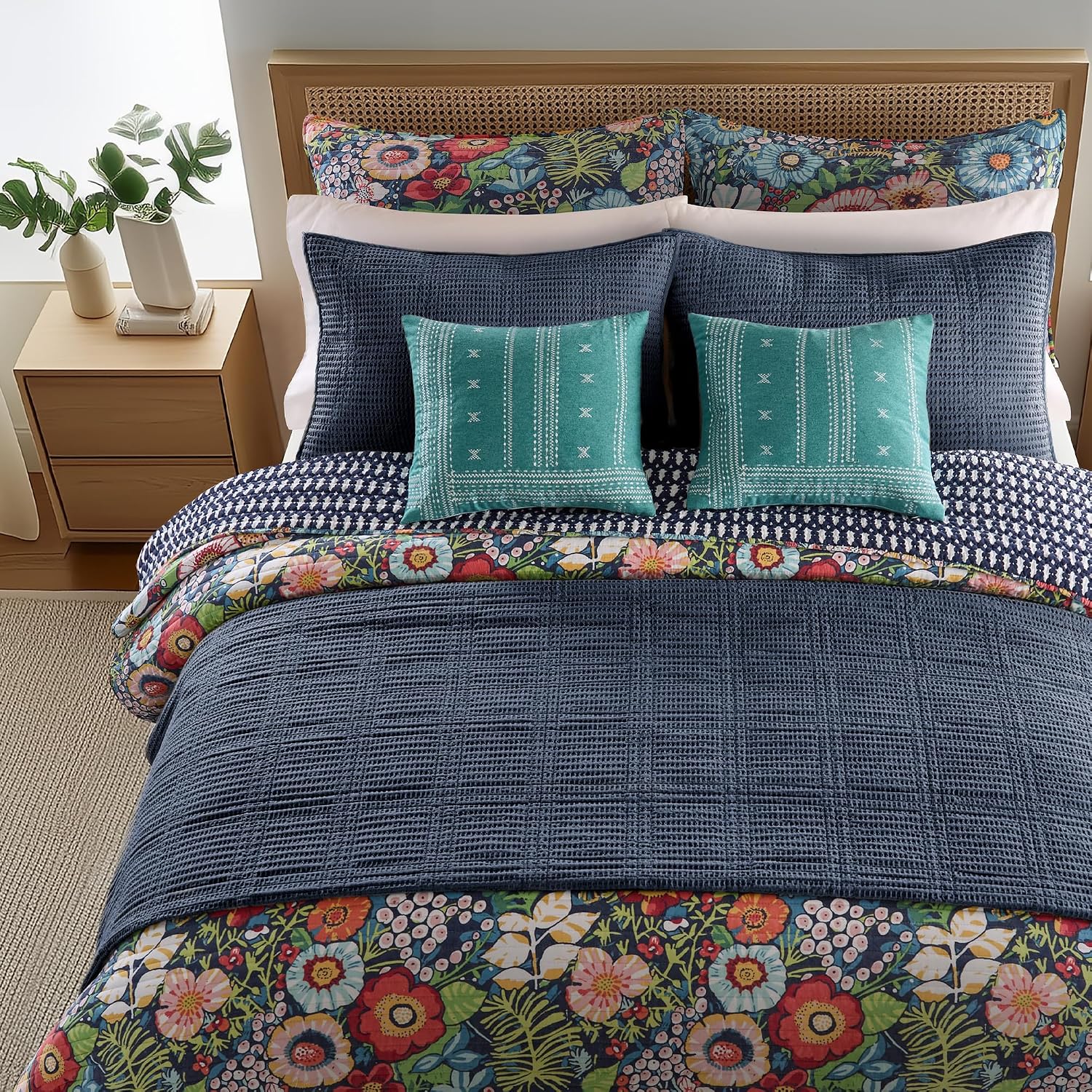 Levtex Home - Night Garden Quilt Set - Twin Quilt and One Standard Sham - Bold Floral - Navy Red Pink Green Ochre White - Quilt (68x86in.) and Sham (20x26in.) - Reversible - Rayon/Cotton