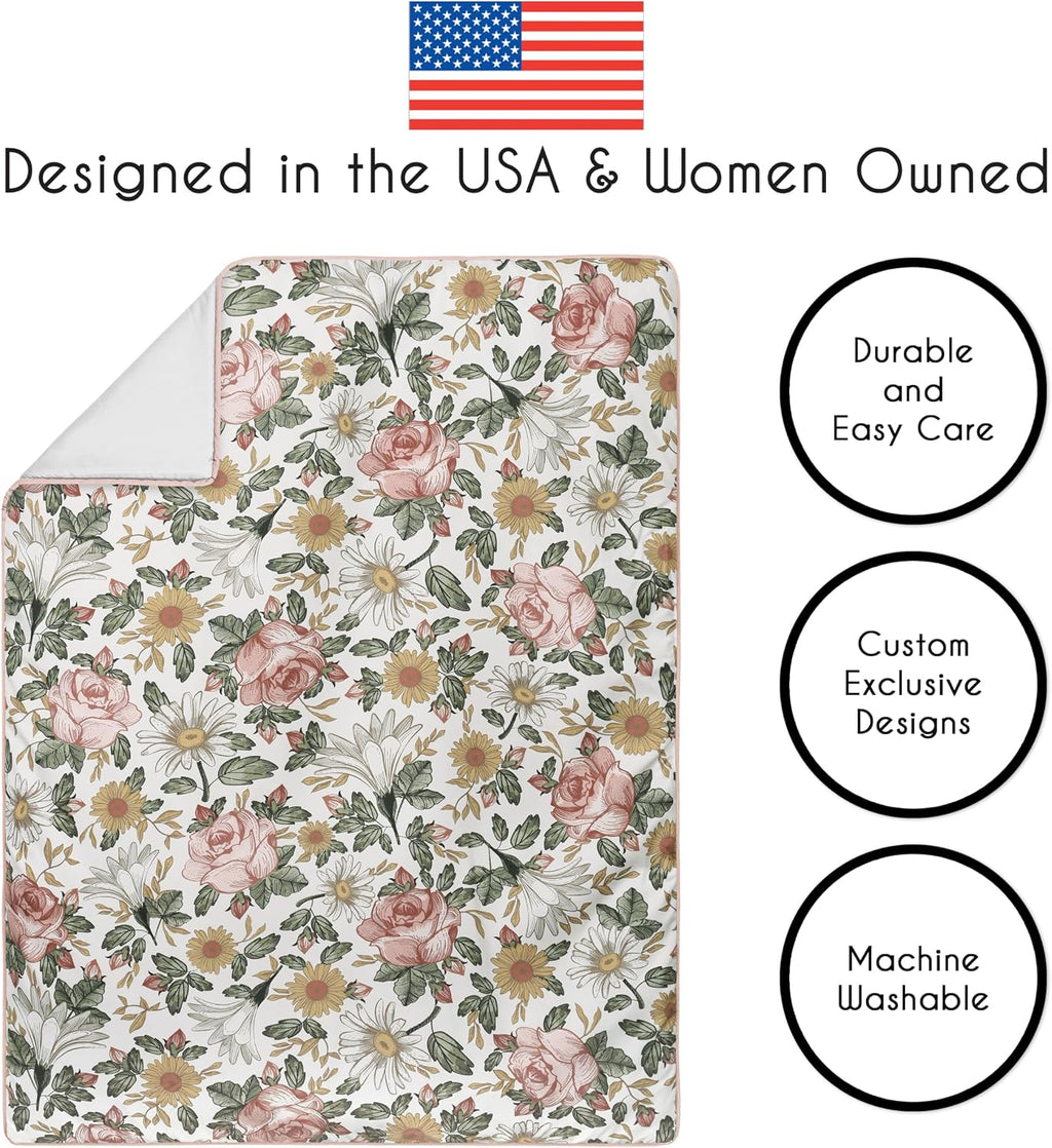 Sweet Jojo Designs 5-Piece Baby Crib Bedding Set (Boho Vintage Floral) for Girls, Infants/Nursery incl. Blanket, Fitted Sheet and Crib Skirt (Bohemian, Shabby Chic, Rose Flower, Farmhouse, Pink/Green)