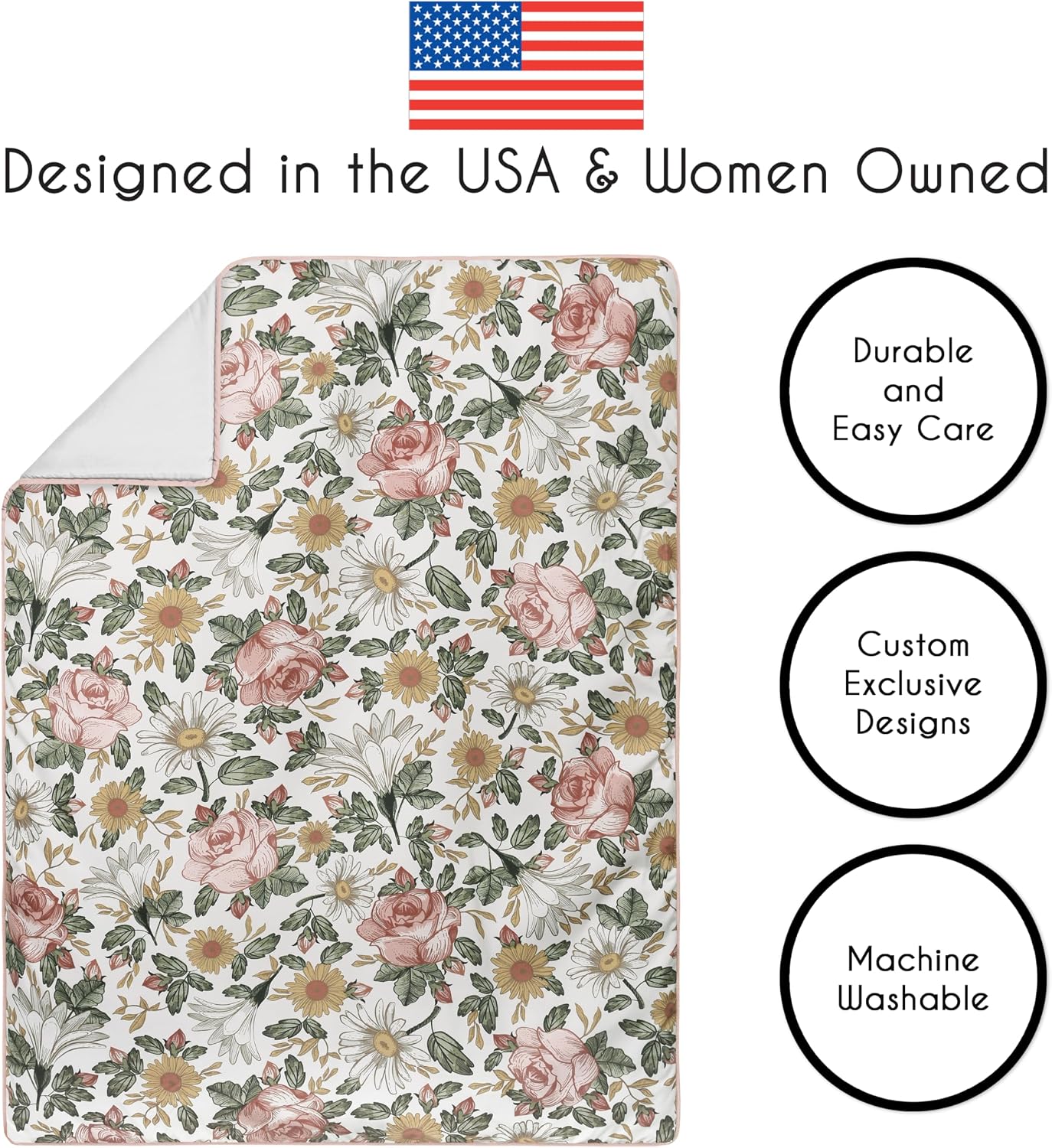 Sweet Jojo Designs 5-Piece Baby Crib Bedding Set (Boho Vintage Floral) for Girls, Infants/Nursery incl. Blanket, Fitted Sheet and Crib Skirt (Bohemian, Shabby Chic, Rose Flower, Farmhouse, Pink/Green)