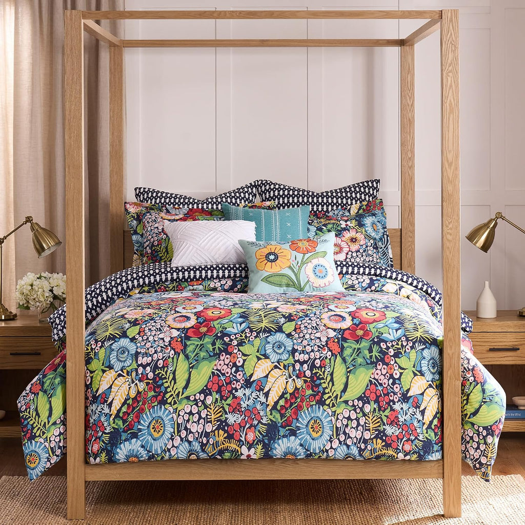 Levtex Home - Night Garden Duvet Set - Full/Queen Duvet Cover (90x94in.) and 2 Standard Shams (20x26in.) - Floral Design - Reversible Geometric Back - Cotton Front and Back - Button Closure
