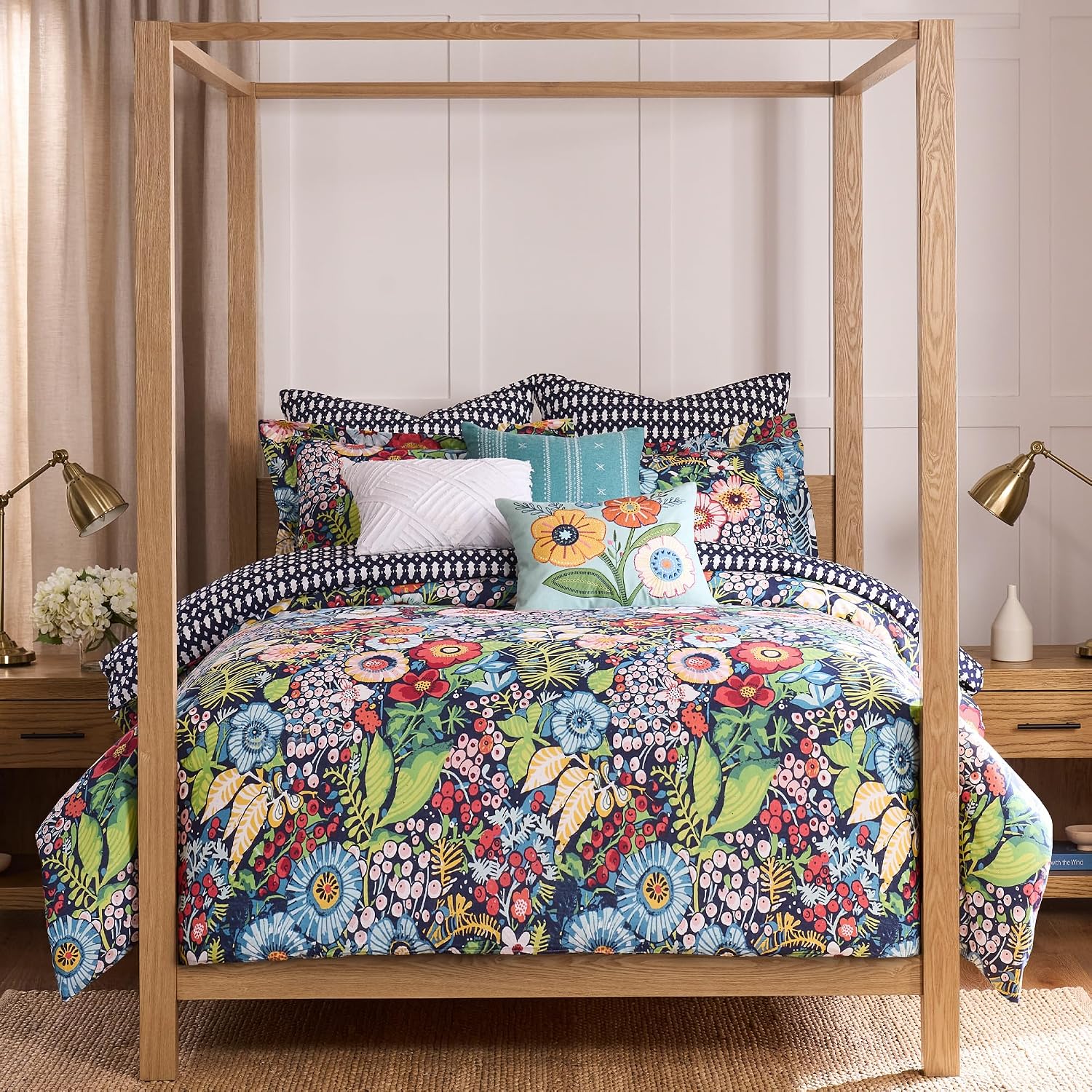 Levtex Home - Night Garden Duvet Set - Full/Queen Duvet Cover (90x94in.) and 2 Standard Shams (20x26in.) - Floral Design - Reversible Geometric Back - Cotton Front and Back - Button Closure