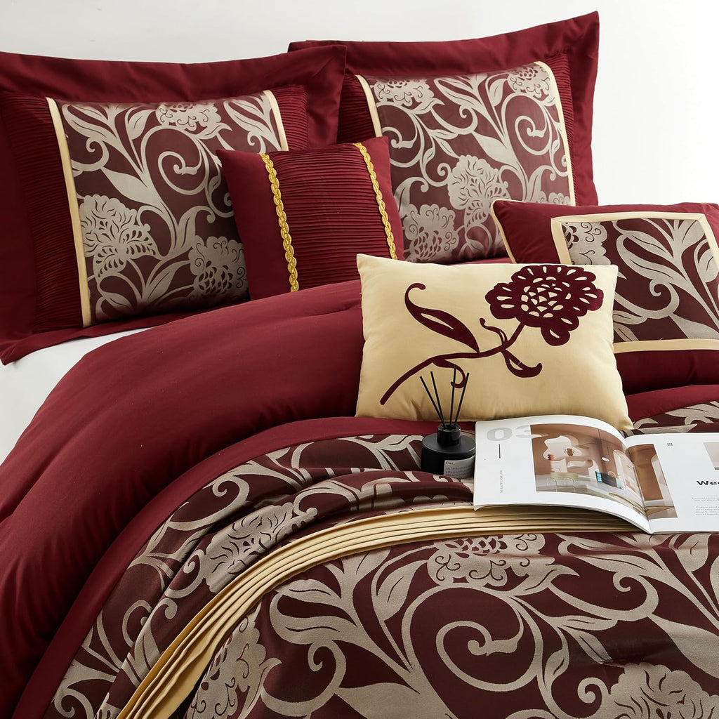 Grand Avenue Black and Red Comforter Set California King Size, 7 Piece Jacquard Floral Bedding Set, All Season, Ultra-Soft, Matching Pillows & Shams, Bed Skirt