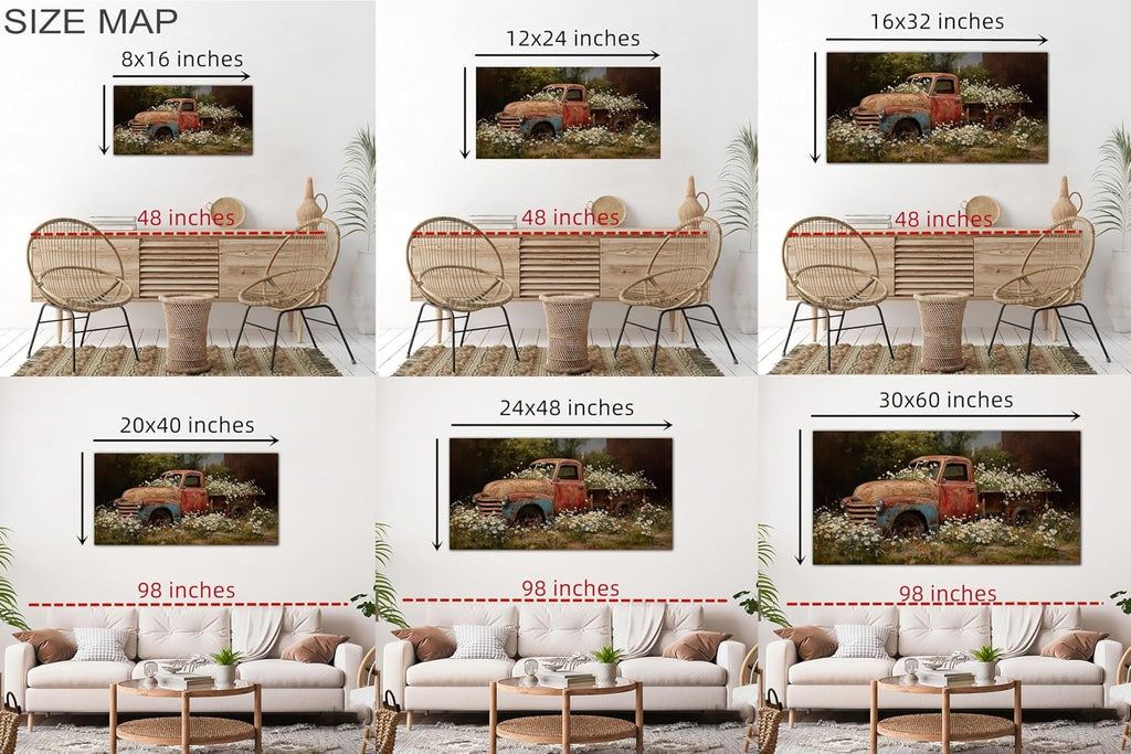 TIMUBA Spring Farmhouse Truck Wall Art, Country Landscape Barn Wall Decor Canvas, Vintage Red Truck Painting Artwork, Modern Rustic Wildflower Picture Poster for Home Living Room Decoration 60x30 Inch