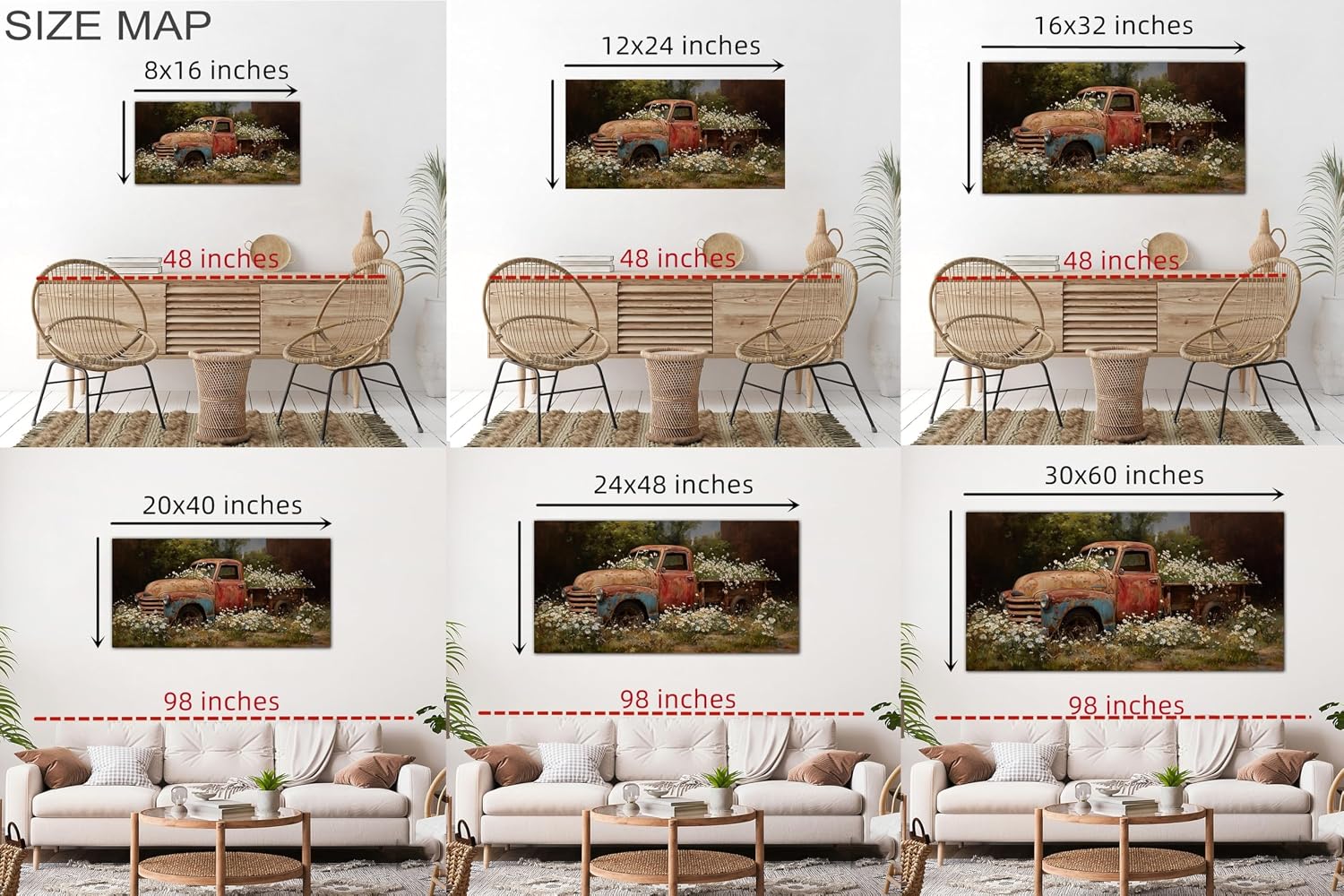 TIMUBA Spring Farmhouse Truck Wall Art, Country Landscape Barn Wall Decor Canvas, Vintage Red Truck Painting Artwork, Modern Rustic Wildflower Picture Poster for Home Living Room Decoration 60x30 Inch