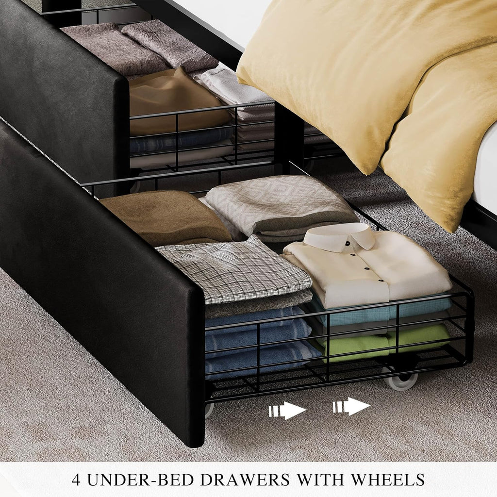 DWVO Queen Size Bed Frame with 4 Drawers and RGB LED Lights, Velvet Upholstered Platform Bed with Charging Station and Storage Headboard, No Box Spring Needed, Easy Assembly, Noise-Free, Black