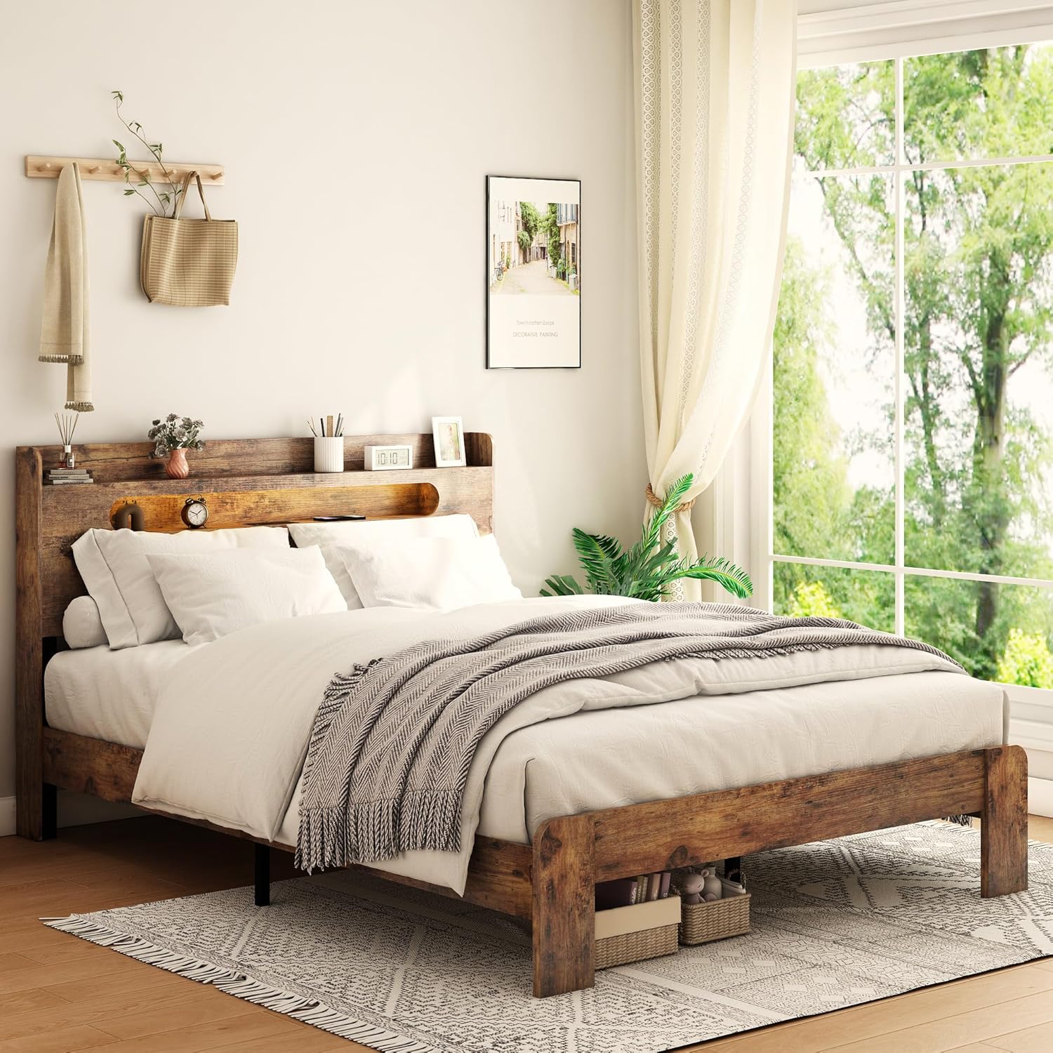 Bellemave Rustic Vintage King Size Bed Frame with Storage Headboard and Charging Station,Wooden Platform Bed Frame King Size with LED Lights and Wood Slats,Easy Assembly,Dark Brown