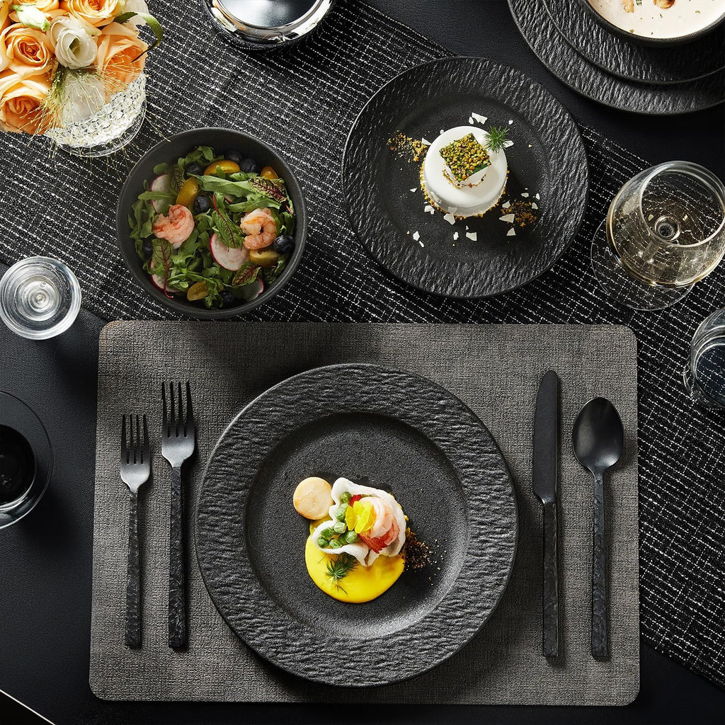 KINGSTONE Black Dinnerware Sets, 12-Piece Matte Marble Pattern Premium Porcelain, Place Setting with Dinner Plate, Salad Plate, Pasta Bowl, Microwave and Dishwasher Safe