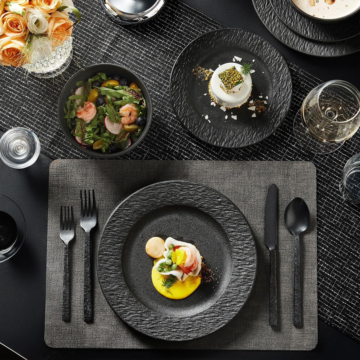 KINGSTONE Black Dinnerware Sets, 12-Piece Matte Marble Pattern Premium Porcelain, Place Setting with Dinner Plate, Salad Plate, Pasta Bowl, Microwave and Dishwasher Safe
