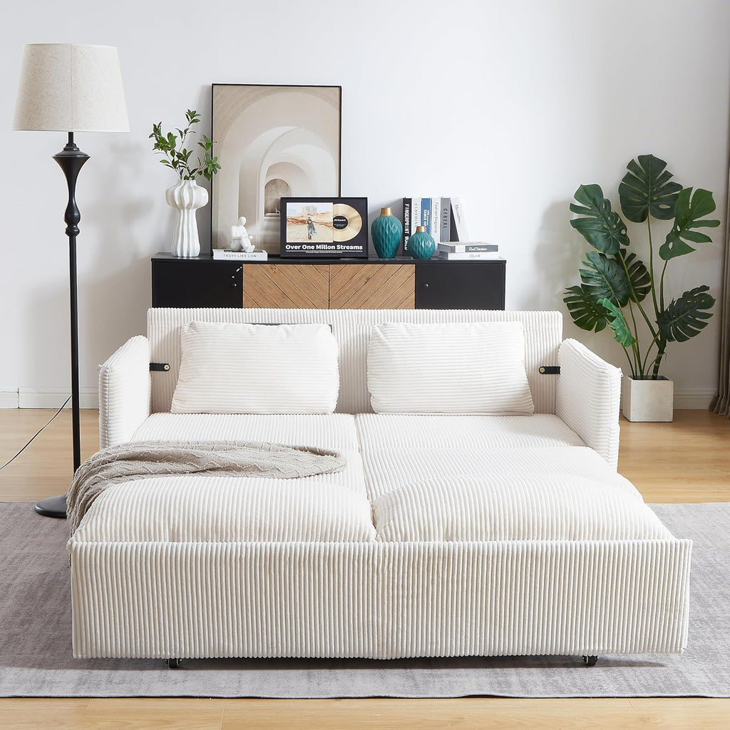 WILLIAMSPACE 64.5' Pull Out Sofa Bed, 3-in-1 Adjustable Sleeper Sofa Couch with Side Storage, Convertible Loveseat Sofa Bed Pull Out Couch for Living Room, Apartment, Corduroy, Beige