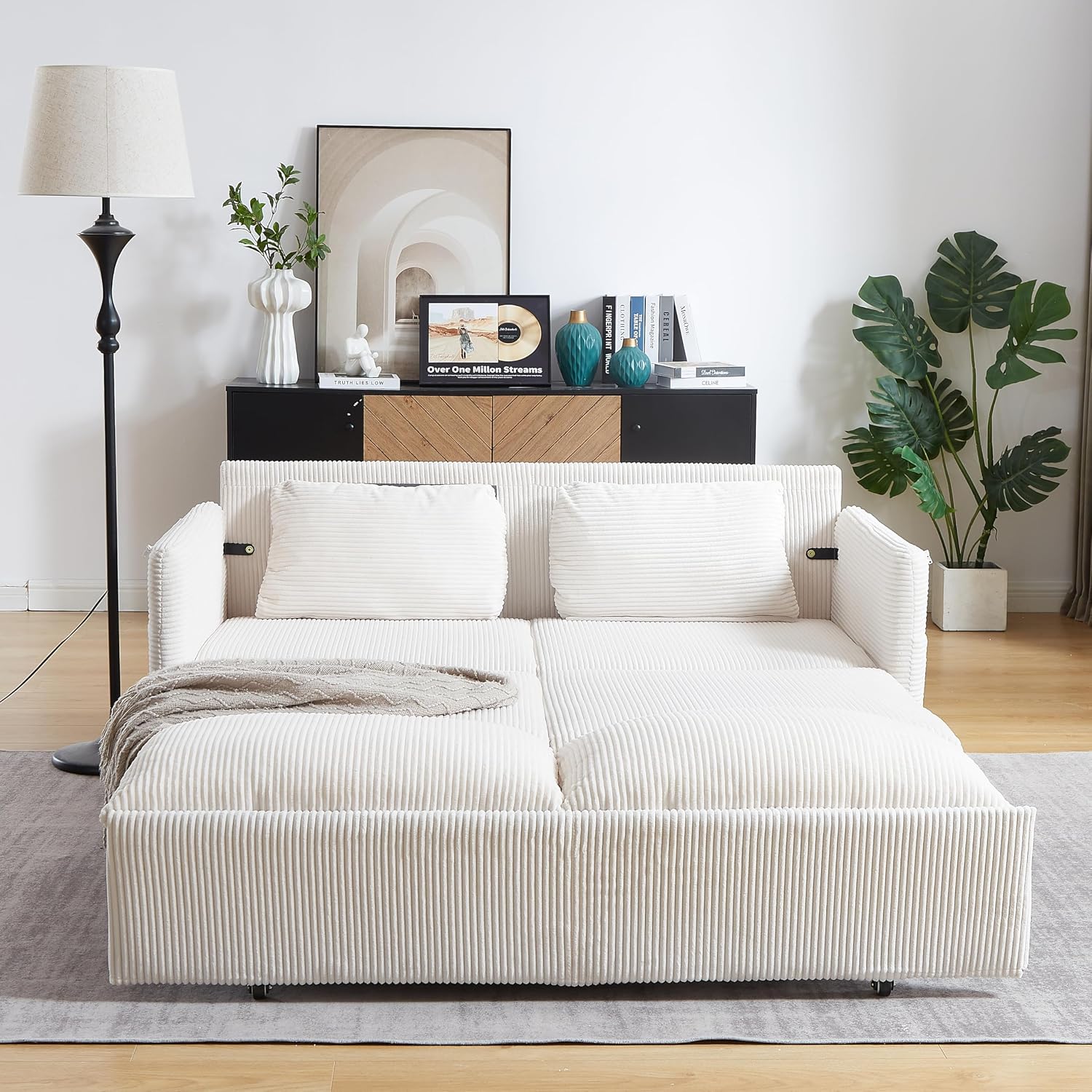 WILLIAMSPACE 64.5' Pull Out Sofa Bed, 3-in-1 Adjustable Sleeper Sofa Couch with Side Storage, Convertible Loveseat Sofa Bed Pull Out Couch for Living Room, Apartment, Corduroy, Beige
