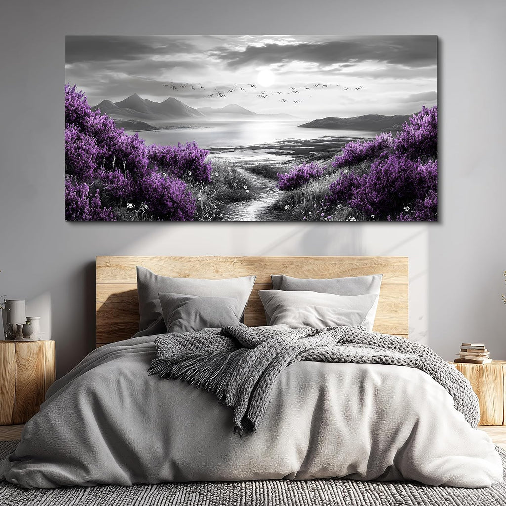 FUHAIHUA Canvas Wall Decor for Office Large Wall Art for Living Room Modern Bedroom Wall Decoration Purple Flowers Landscape Pictures Black and White Scenery Paintings Artwork Aesthetic Home Decor