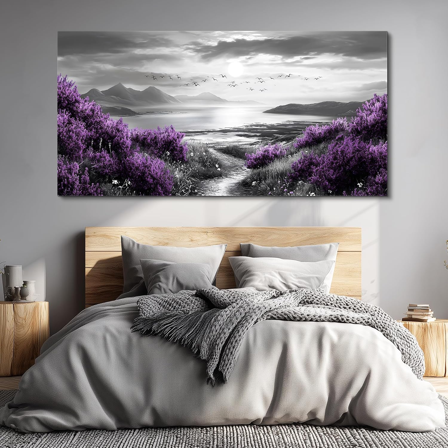 FUHAIHUA Canvas Wall Decor for Office Large Wall Art for Living Room Modern Bedroom Wall Decoration Purple Flowers Landscape Pictures Black and White Scenery Paintings Artwork Aesthetic Home Decor
