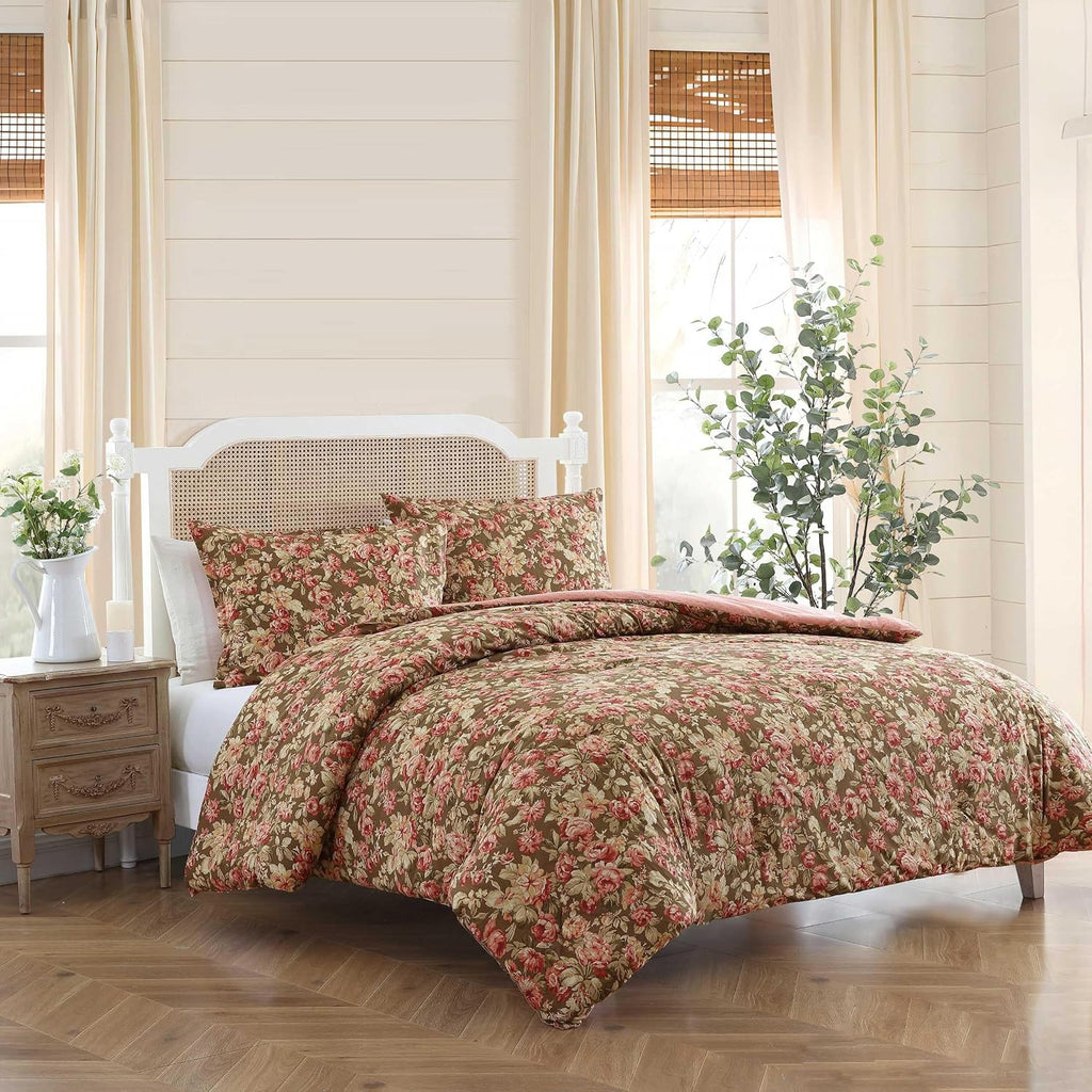 Laura Ashley - Full/Queen Comforter Set, Soft Cotton Bedding with Matching Shams, Floral Home Decor, Oeko-Tex Certified (Bloomsbury Brown, Full/Queen)