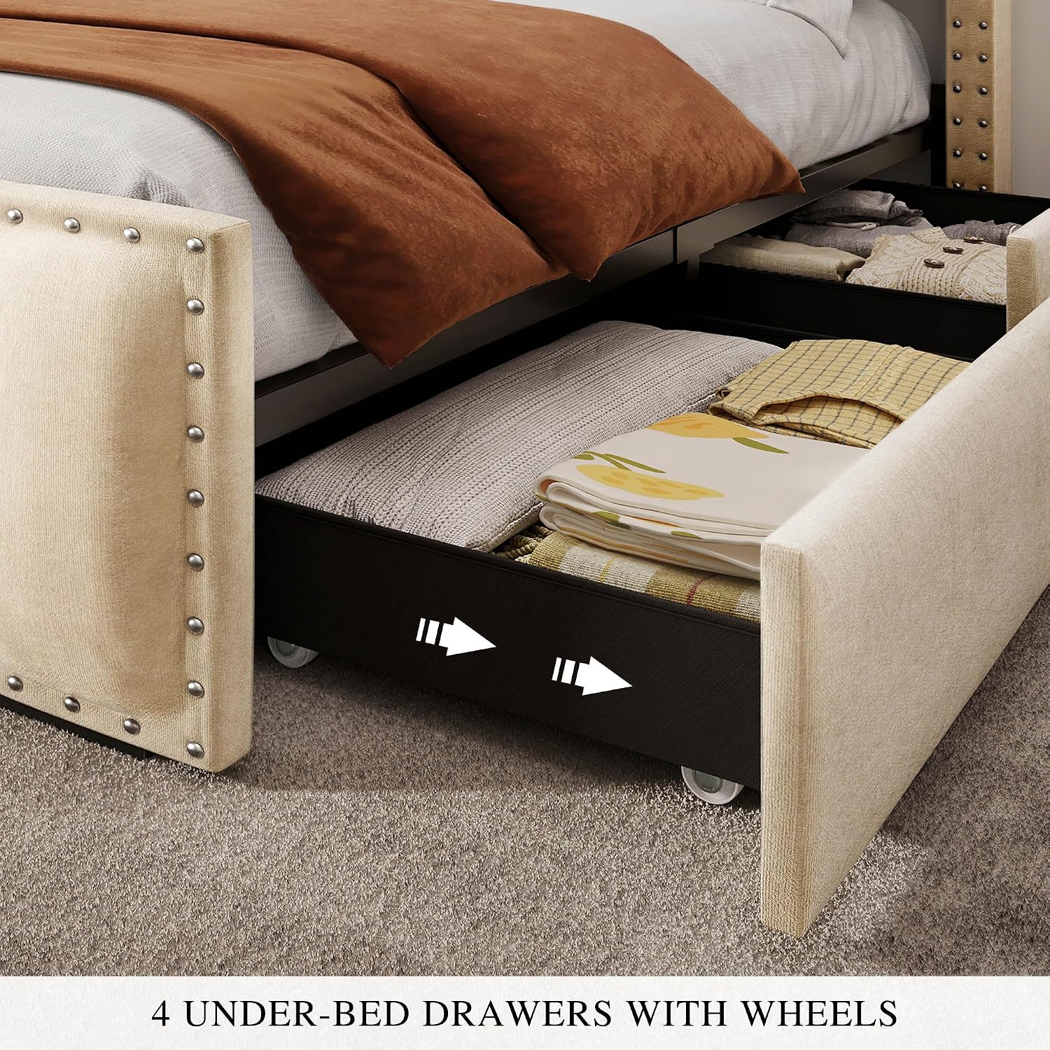 YITAHOME Full Size Bed Frame with 4 Storage Drawers and RGB LED Lights, Velvet Upholstered Platform Bed with Charging Station and Storage Headboard, No Box Spring Needed, Easy Assembly, Beige