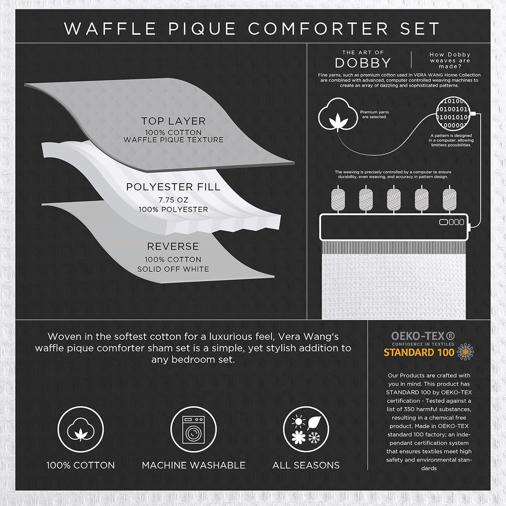 Vera Wang - King Comforter Set, Soft Cotton Bedding with Waffle Pique Texture & Smooth Cotton Percale Reverse, Medium Weight for Year-Round Comfort, 3 Piece Bed Set with Matching Pillowcases (White)
