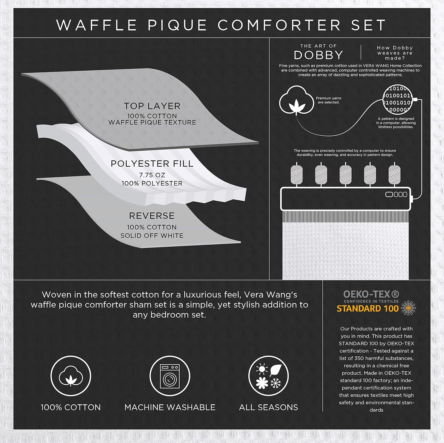 Vera Wang - King Comforter Set, Soft Cotton Bedding with Waffle Pique Texture & Smooth Cotton Percale Reverse, Medium Weight for Year-Round Comfort, 3 Piece Bed Set with Matching Pillowcases (White)