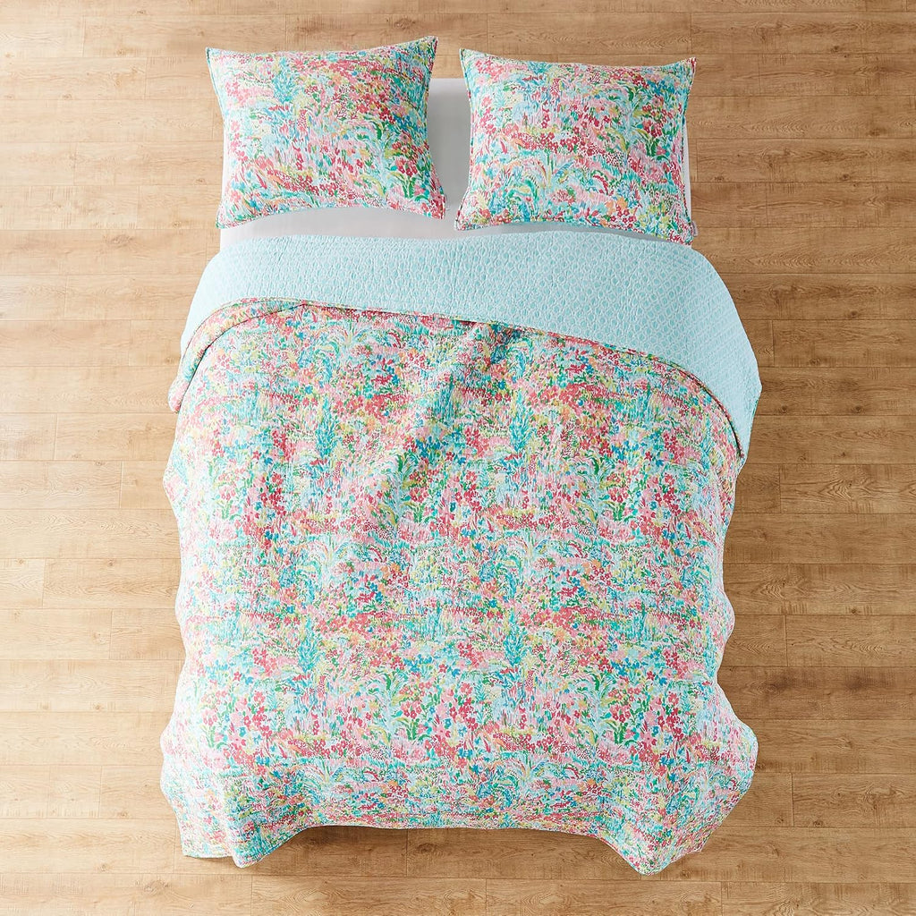 Levtex Home - Karolynna Quilt Set - King/Cal King Quilt + Two King Pillow Shams - Floral in Teal Salmon Green Wild Berry - Quilt Size (106x92in.) and Pillow Sham Size (36x20in.) - Reversible - Cotton
