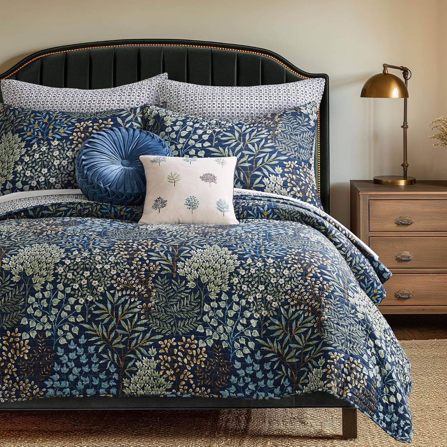 Levtex Home English Forest Navy Reversible King/Cal King Quilt Set (106x92in) and 2 Pillow Shams (36x20in) - Floral - Navy, Green - Rayon King Size Quilt Bedding Set - Lightweight, Soft, Pre-Washed