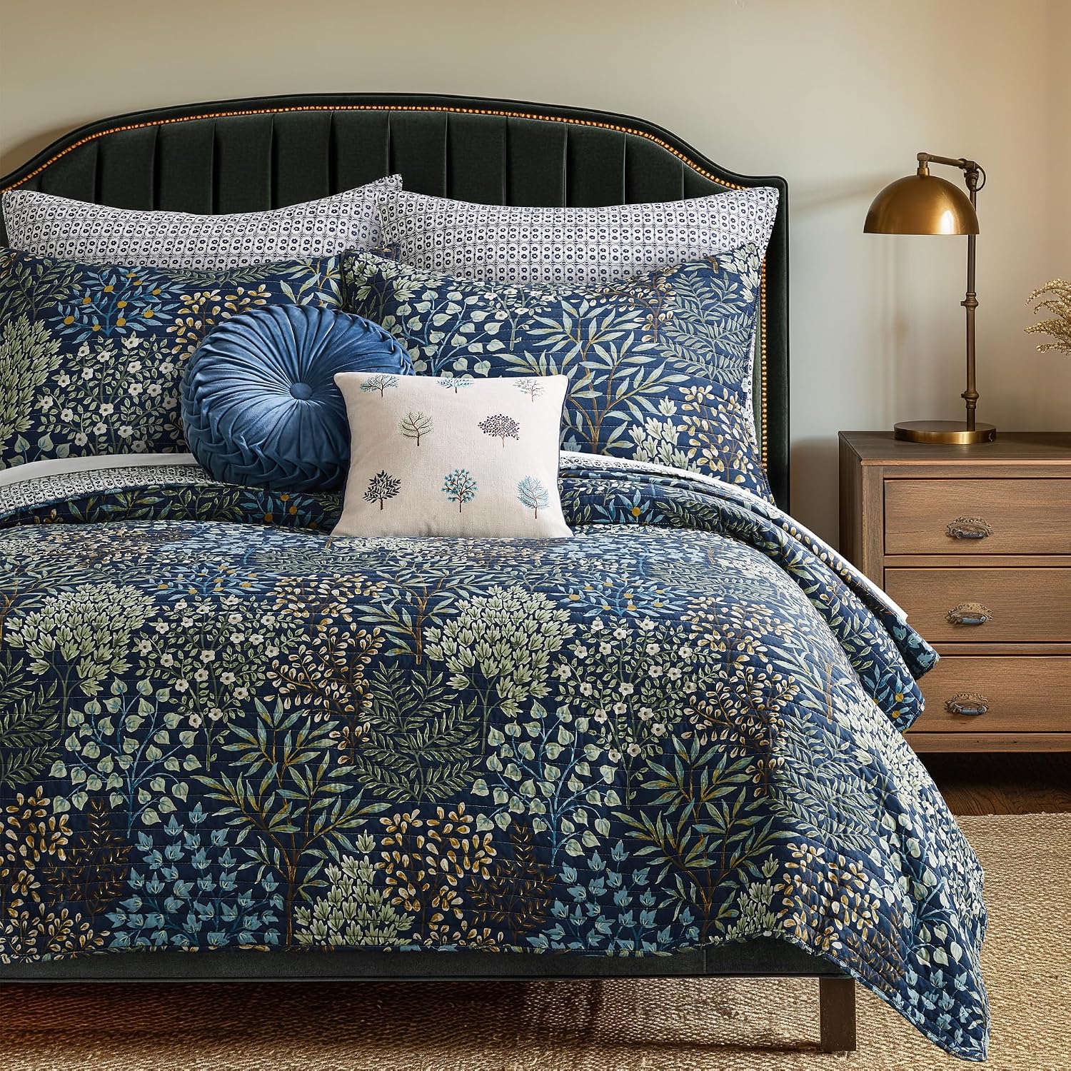 Levtex Home English Forest Navy Reversible Twin XL/Twin Quilt Set (68x86in) with 1 Pillow Sham (26x20in) - Floral - Navy, Green - Rayon Twin Size Quilt Bedding Set - Lightweight, Soft, Pre-Washed