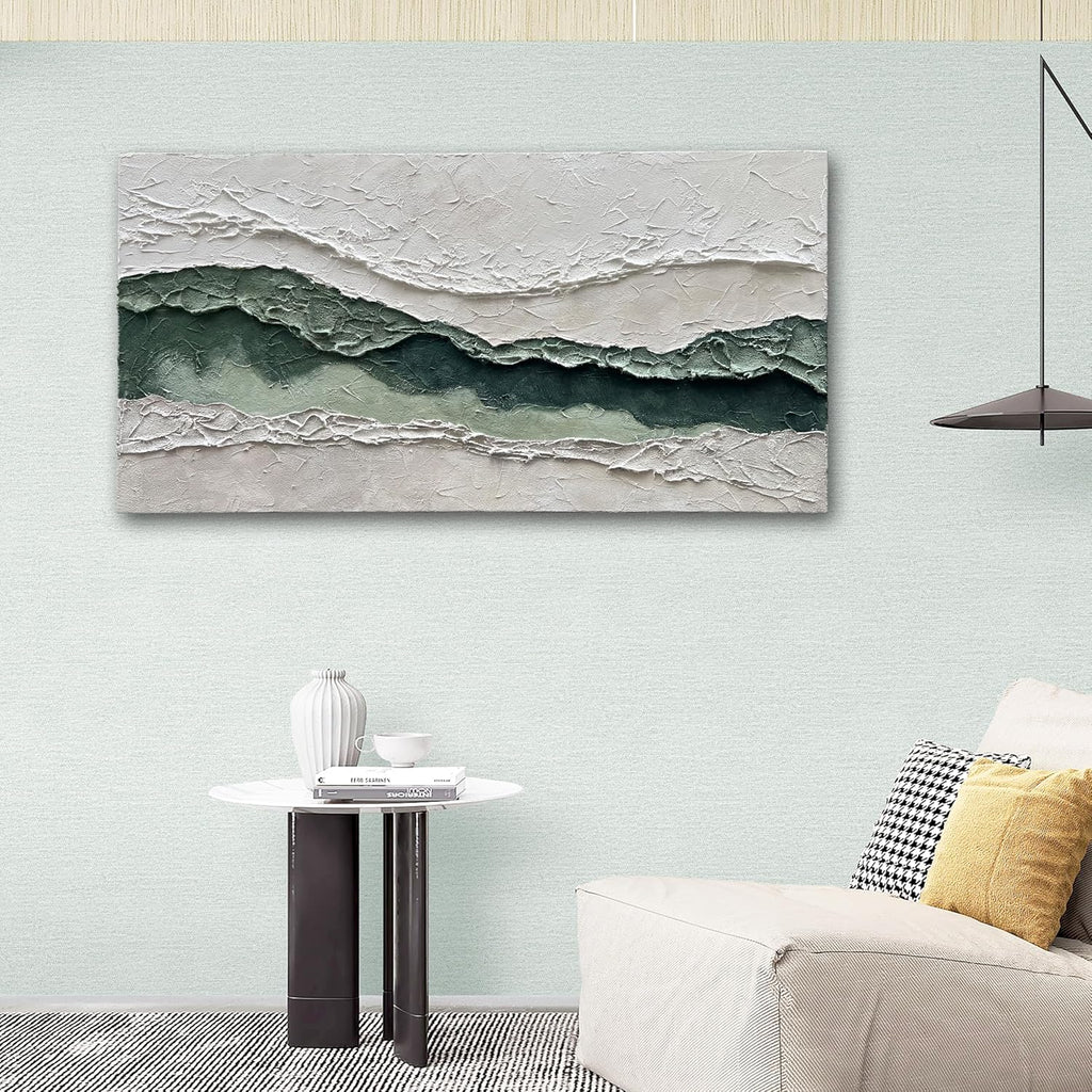 Art Hand-Painted White and Green Texture Abstract Oil Painting 24x48-inch Canvas Painting for Home and Office Wall Decoration Art