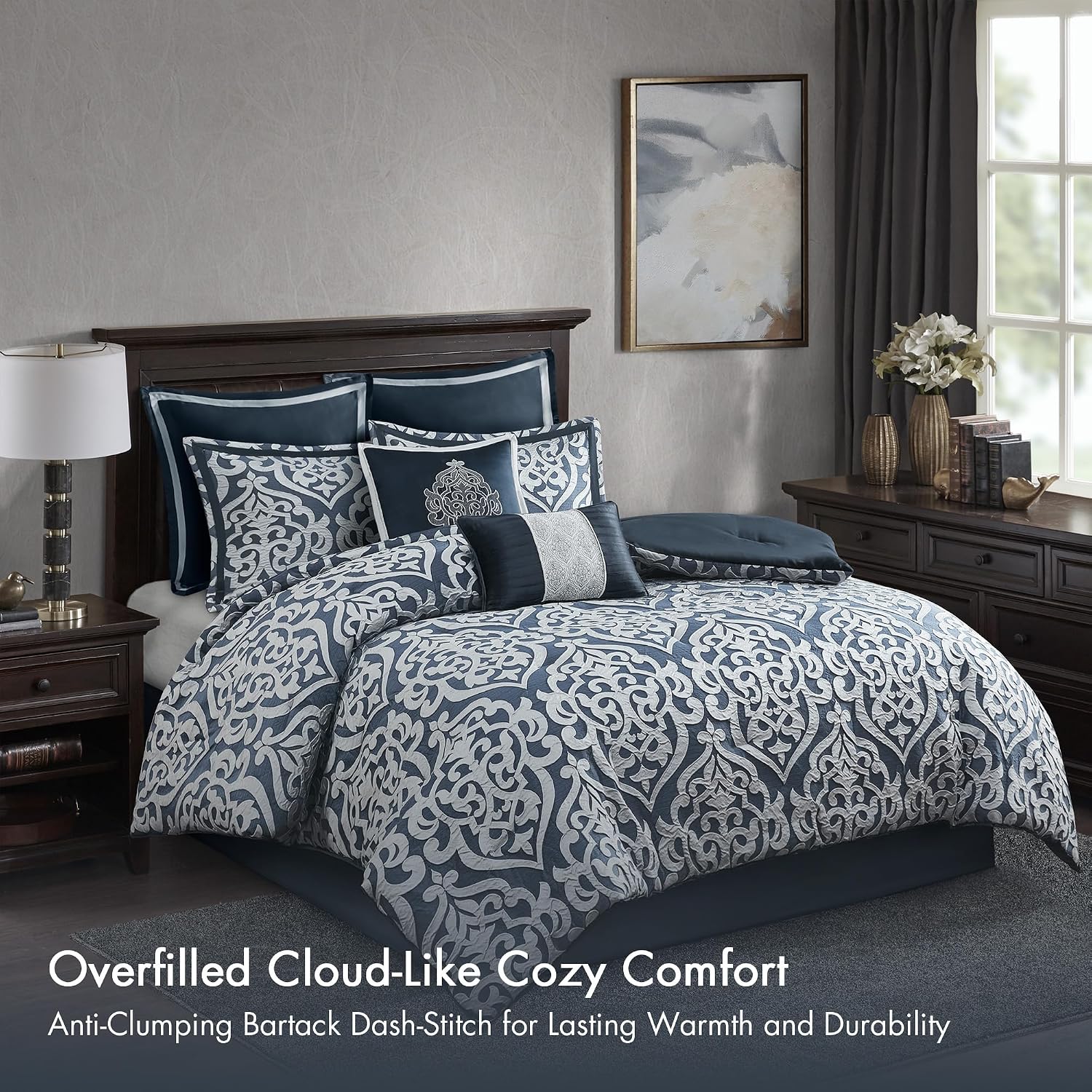 Madison Park Odette Cozy Comforter Set Jacquard Damask Medallion Design - Modern All Season, Down Alternative Bedding, Shams, Decorative Pillows, Queen(90 in x 90 in),Navy 8 Piece