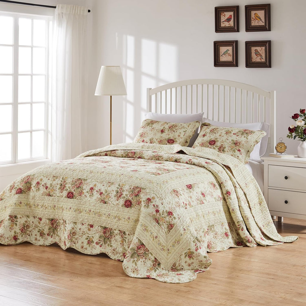 Greenland Home Antique Rose Jumbo Oversized 100% Cotton Bedding Set, Bedspread 120 W x 118 L with 2 Shams 20 W x 26 L Each, King (3 Piece), Ecru