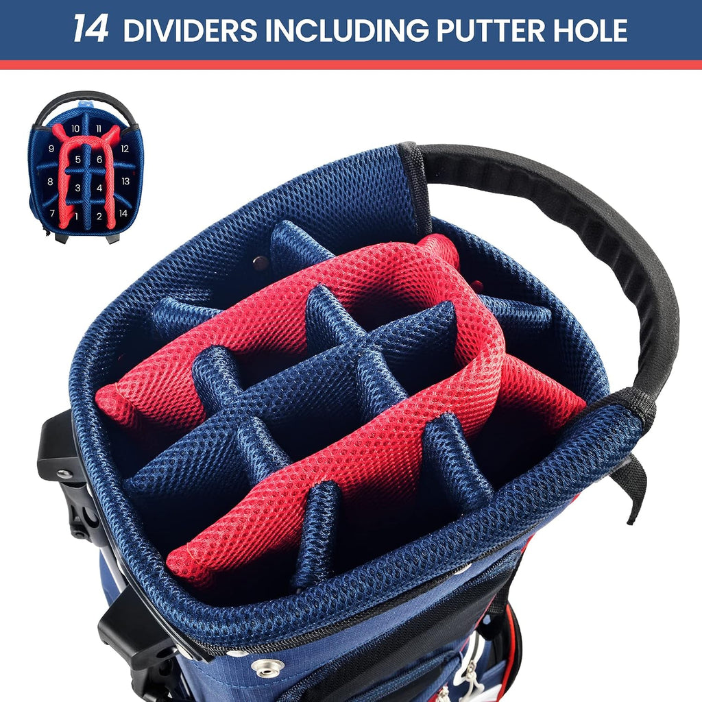 BOBOPRO Golf Stand Bag, Lightweight 14 Way Top Dividers Golf Carry Bag with 8 Pockets, USA Stars & Stripes Golf Bag for Golf Club Golf Cart for Men & Women