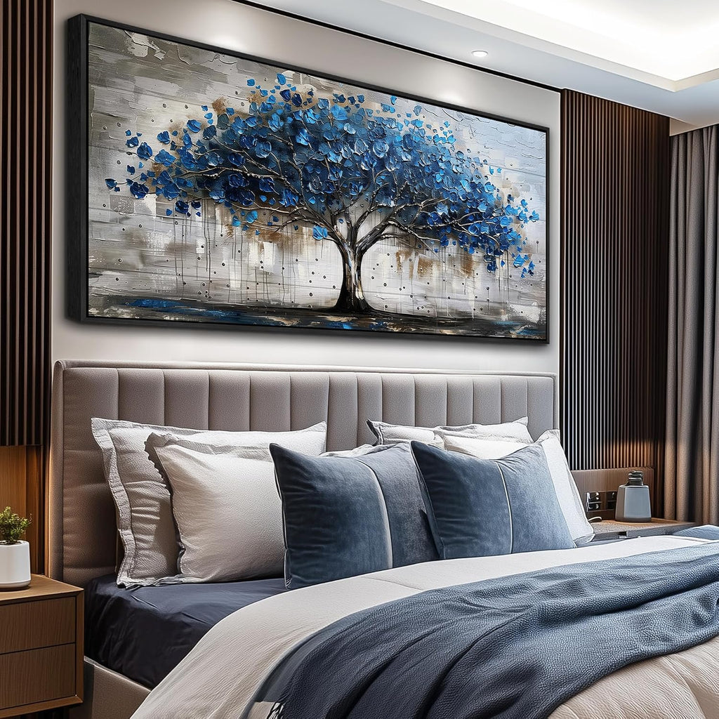 Lapremoly Framed Wall Art For Living Room Tree of Life Canvas Prints Extra Large Wall Decorations Blue Artwork For Walls Forest Pictures Abstract Paintings for Bedroom Office Modern Home Decor 32X72