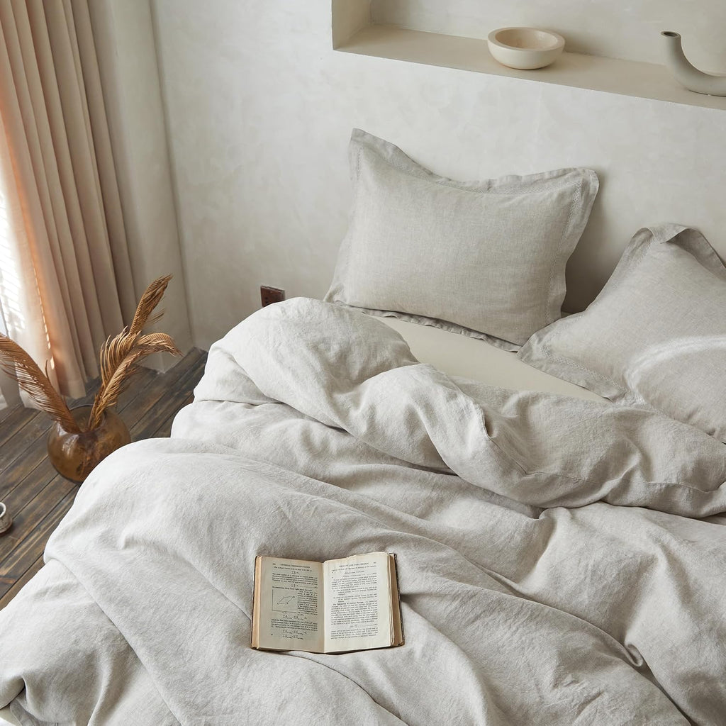 Simple&Opulence 100% Linen Duvet Cover Set with Crossed Embroidery Washed - 3 Pieces (1 Duvet Cover with 2 Pillow Shams) Soft Breathable Farmhouse - Linen, King Size